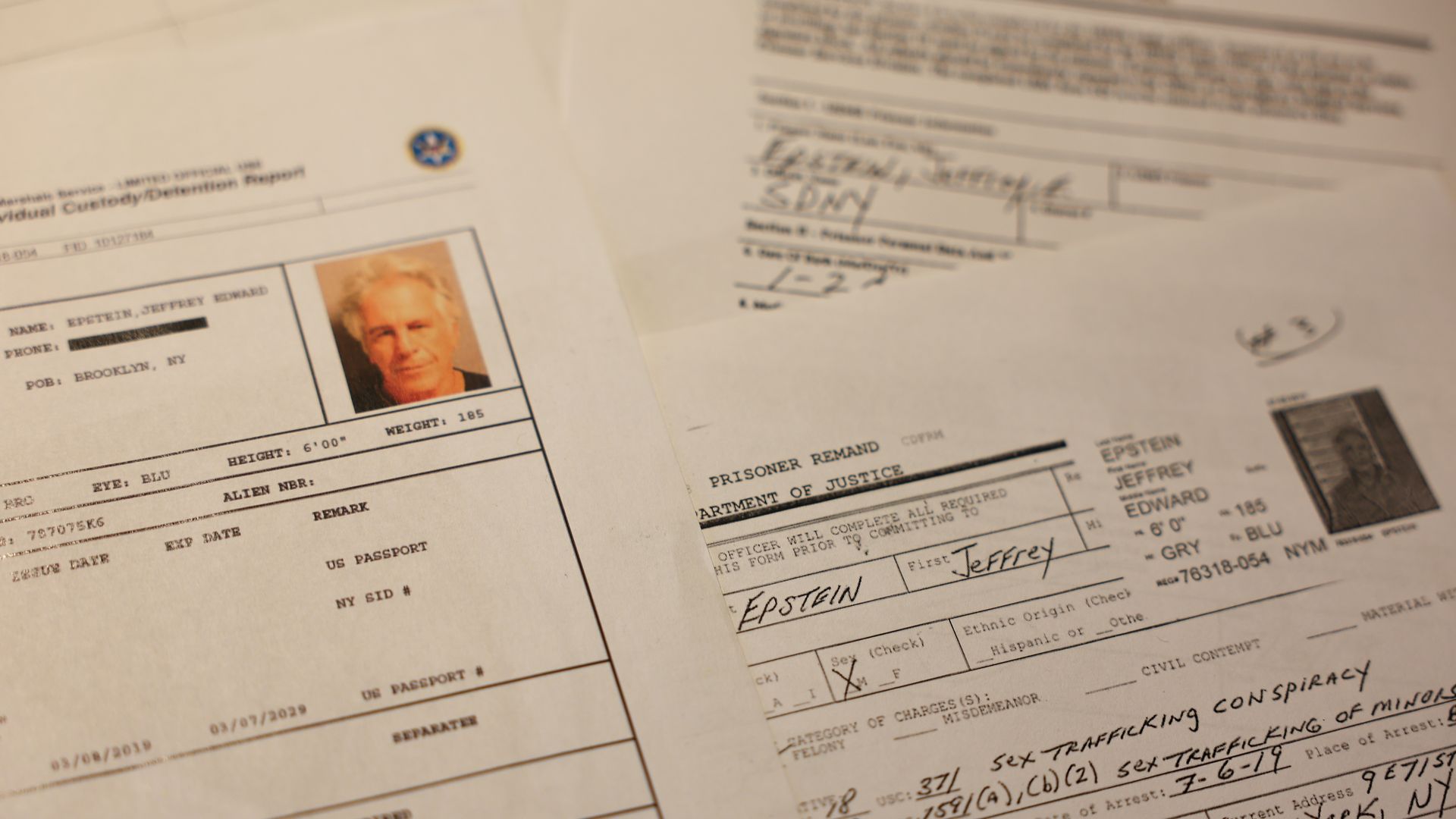 Close-up of official custody and prisoner remand documents for Jeffrey Edward Epstein, including his photo, personal details, charges related to sex trafficking, and identification information.