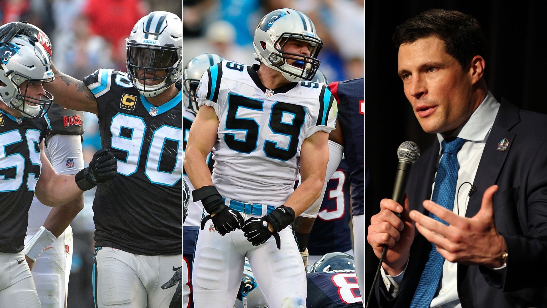 Three-panel collage: left and center show Carolina Panthers players in black and teal uniforms celebrating on the field; right features a man in a suit speaking into a microphone at a press conference.