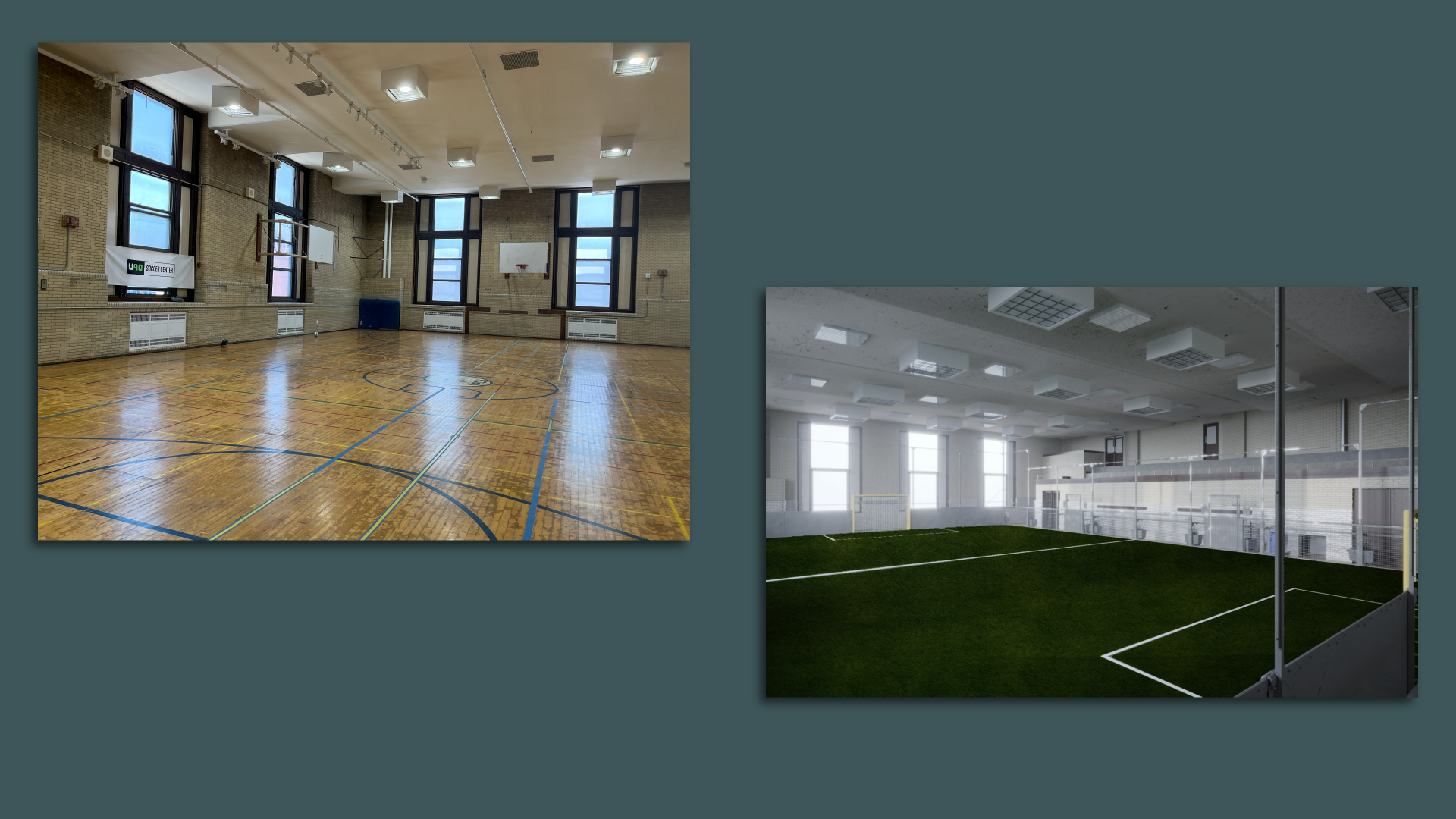 Side-by-side images of an indoor gym that will be transformed into a futsal court in South Philadelphia.