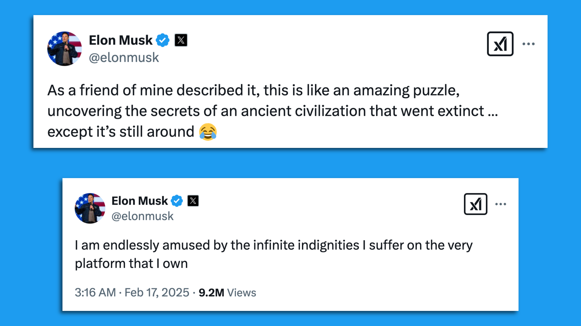 Two of Elon Musk's well over 100 posts and replies on X in the past 24 hours.