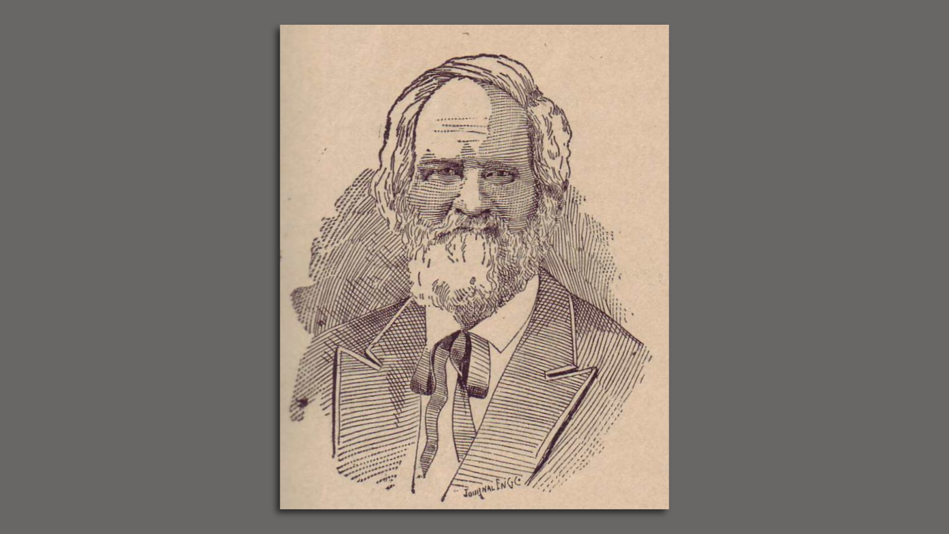 A black-and-white portrait drawing of a bearded individual with a loose bow tie and suit