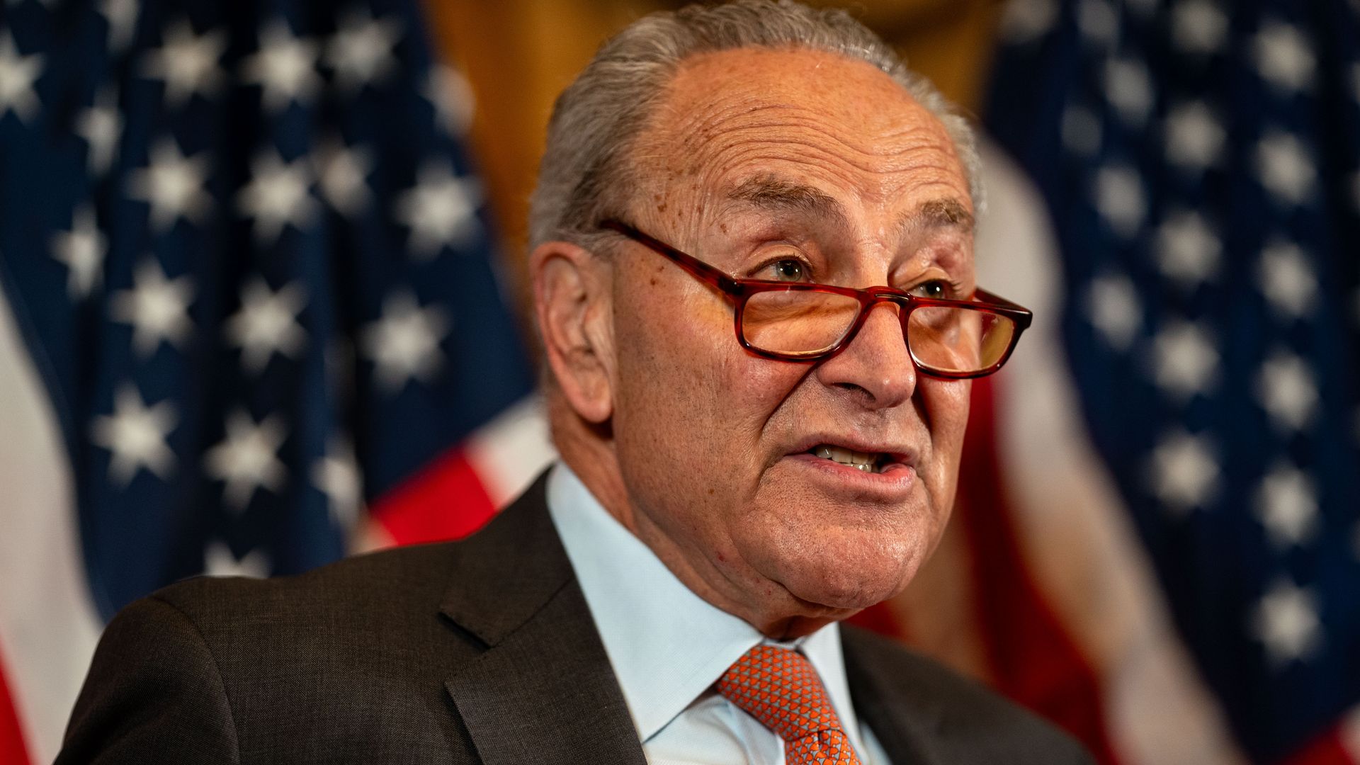 Senate Majority Leader Chuck Schumer (D-NY) speaks at a news conference with House Minority Leader at the Democratic Senatorial Campaign Committee on Capitol Hill on July 23, 2024 in Washington, DC. 