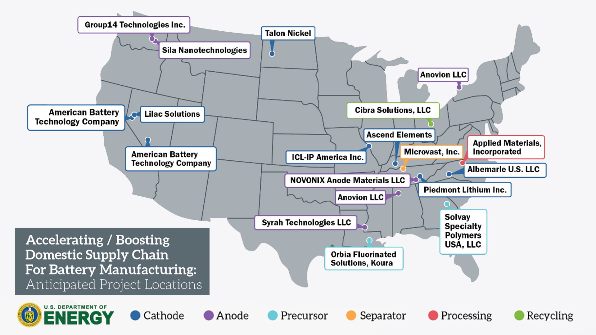 A map of the United States showing the locations and names of companies that won federal funding to improve the EV industry