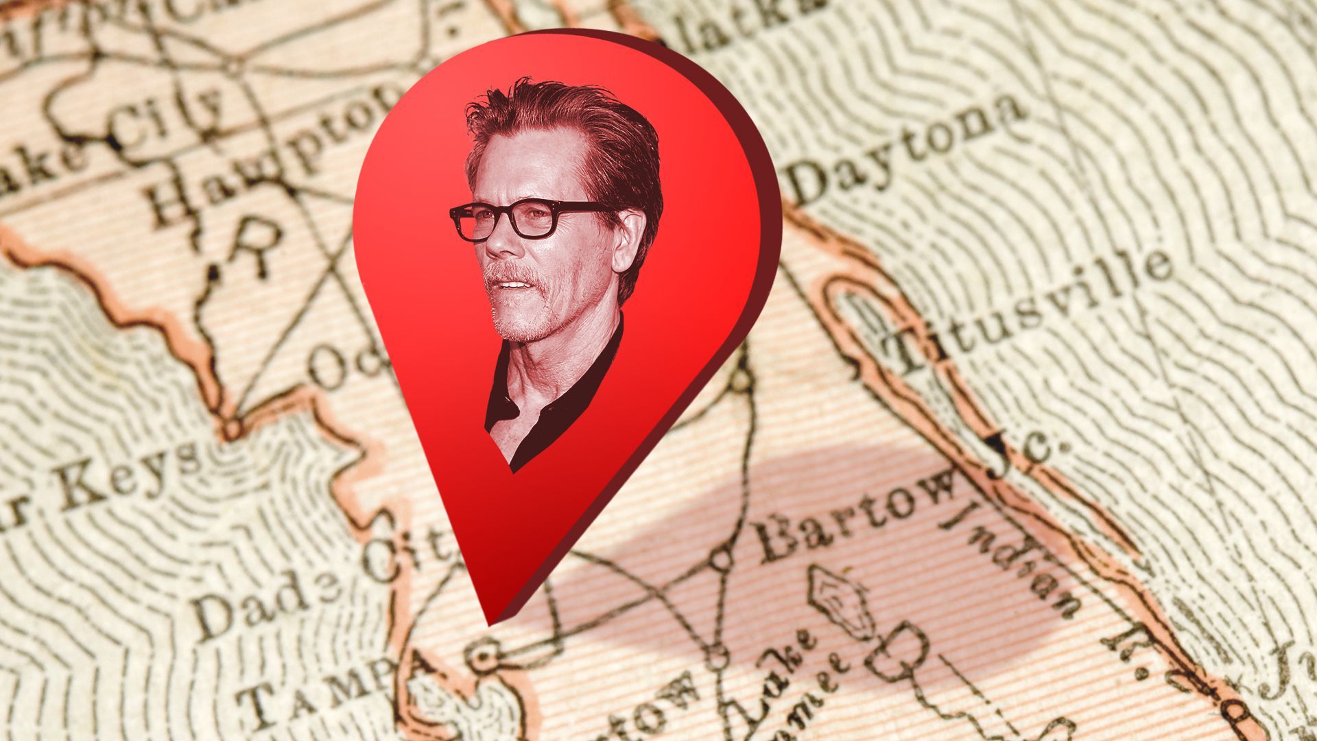 Photo illustration of Kevin Bacon inside of a location pin hovering over Tampa Bay.
