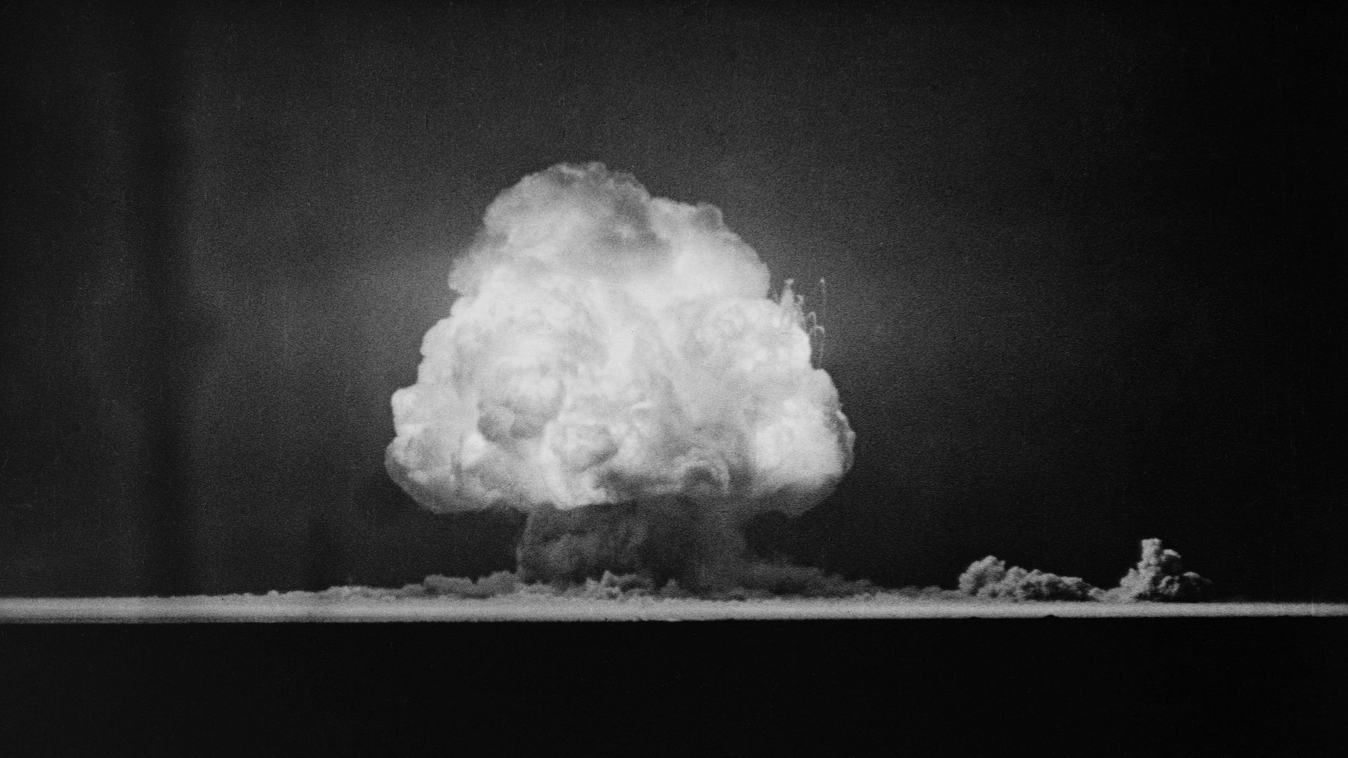 Photo of the first atomic bomb test at Trinity Site in 1945, 10 seconds after detonation