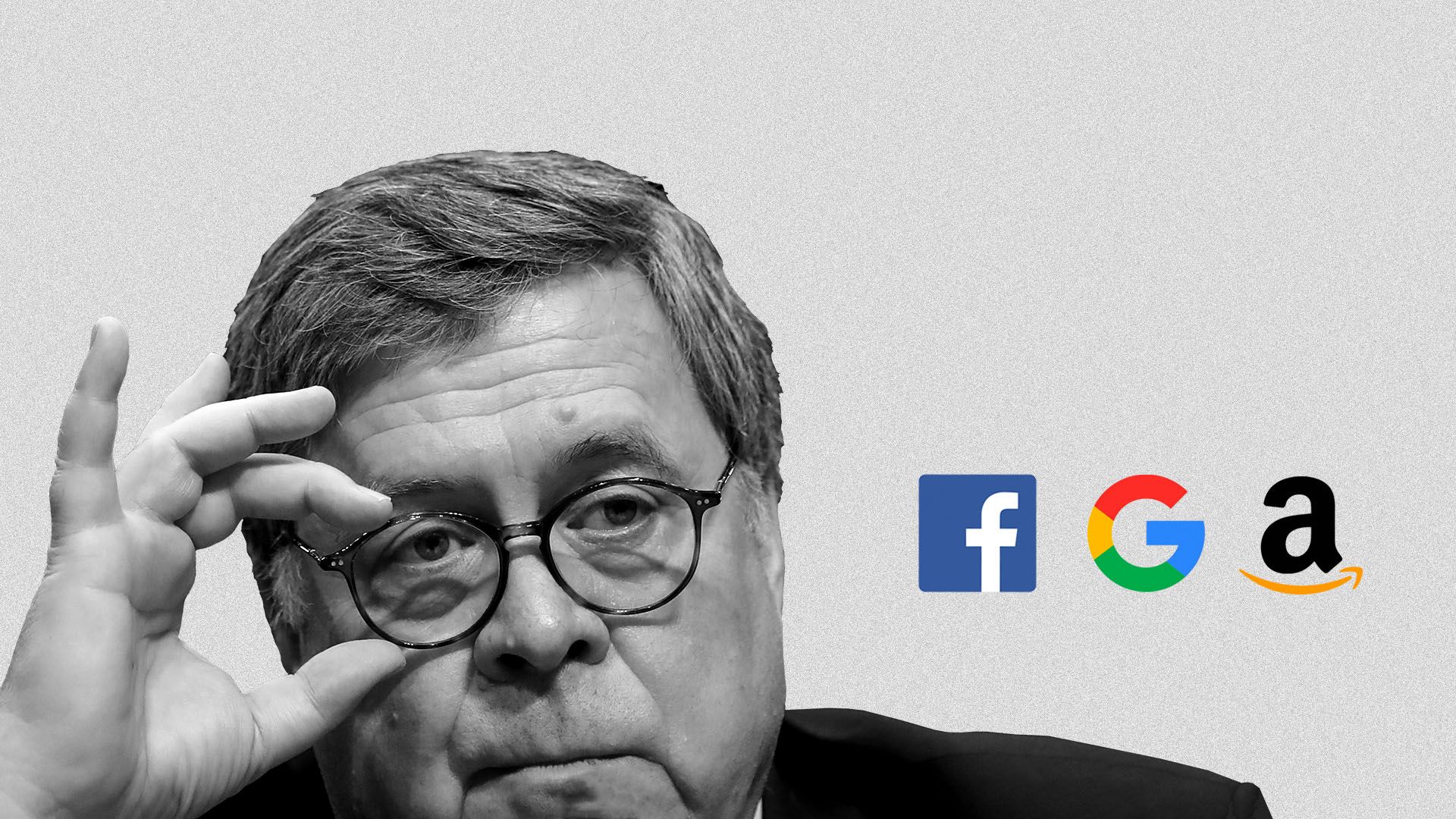 Illustration of Bill Barr scrutinizing logos of Facebook, Google, and Amazon