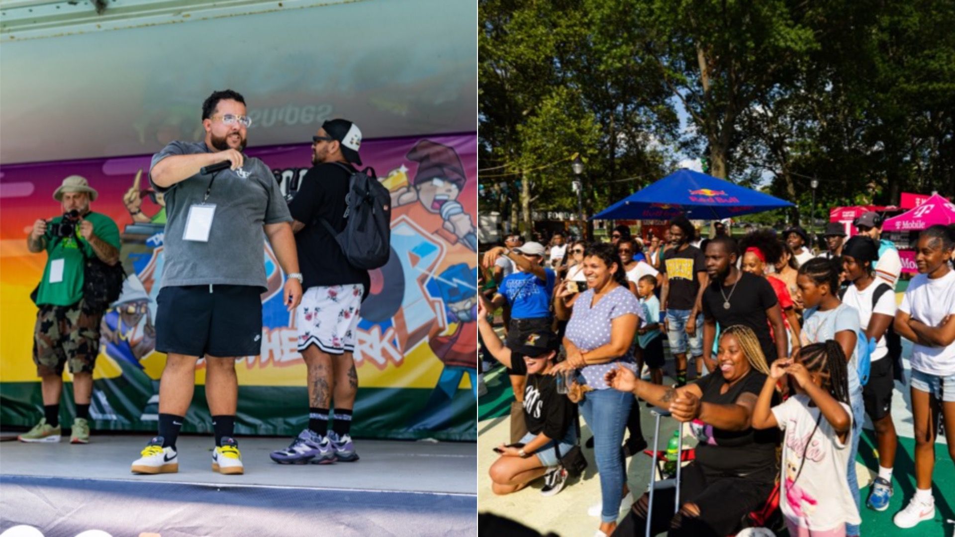 Left: Hip Hop in the Park founder Christian "TAMEARTZ" Rodriguez speaks on stage. Right: Concert-goers at Eakins Oval.