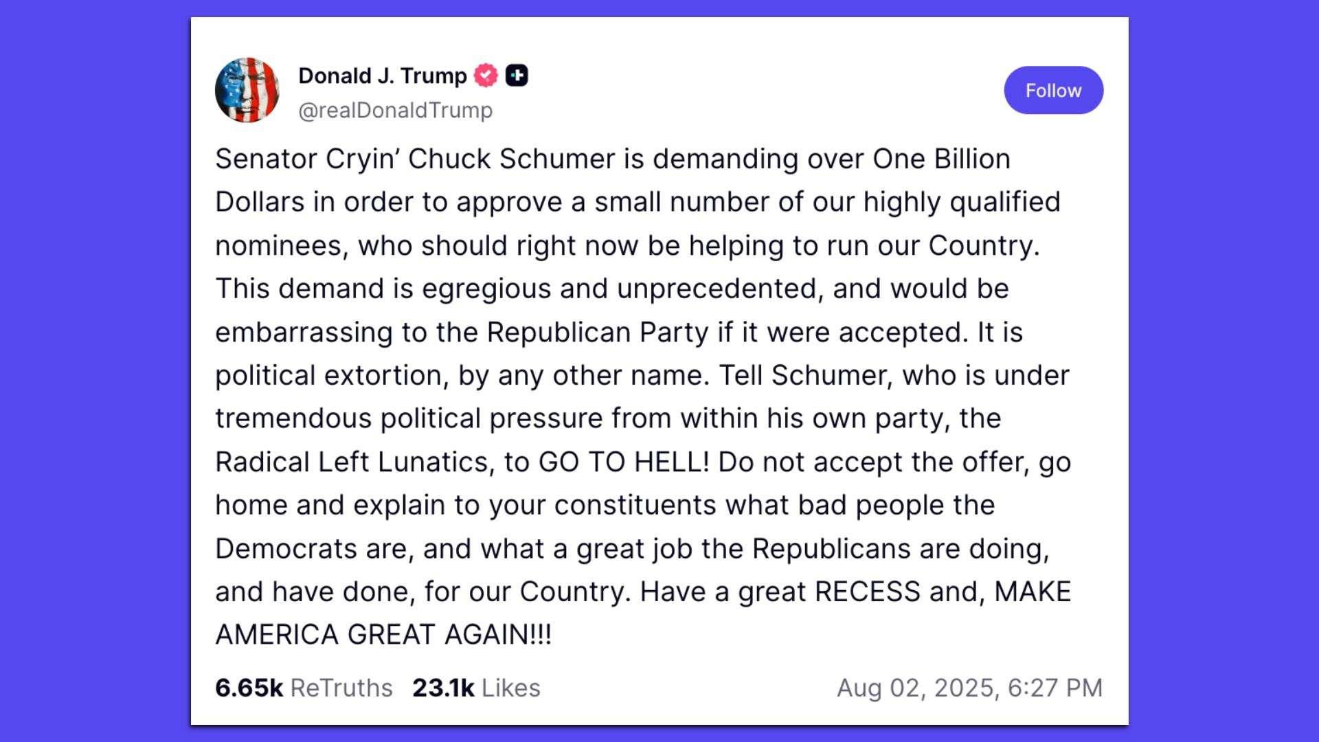 Trump Truth Social post about Senate Minority Leader Chuck Schumer