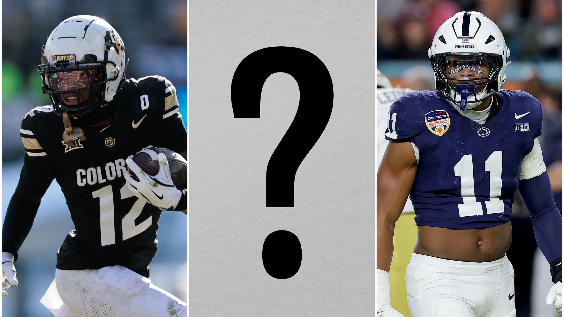 Two football players in a collage with a question mark in the middle.