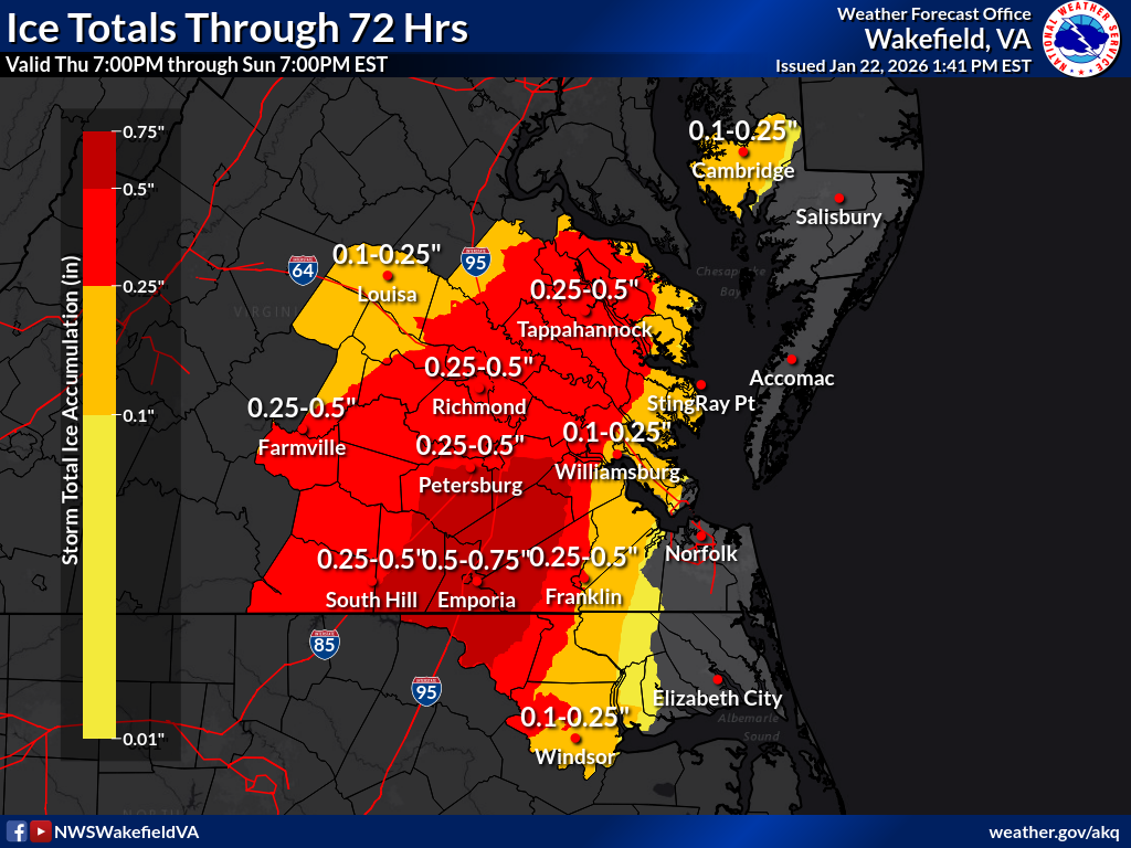 a maps showing the region should expect a quarter inch of ice this weekend 