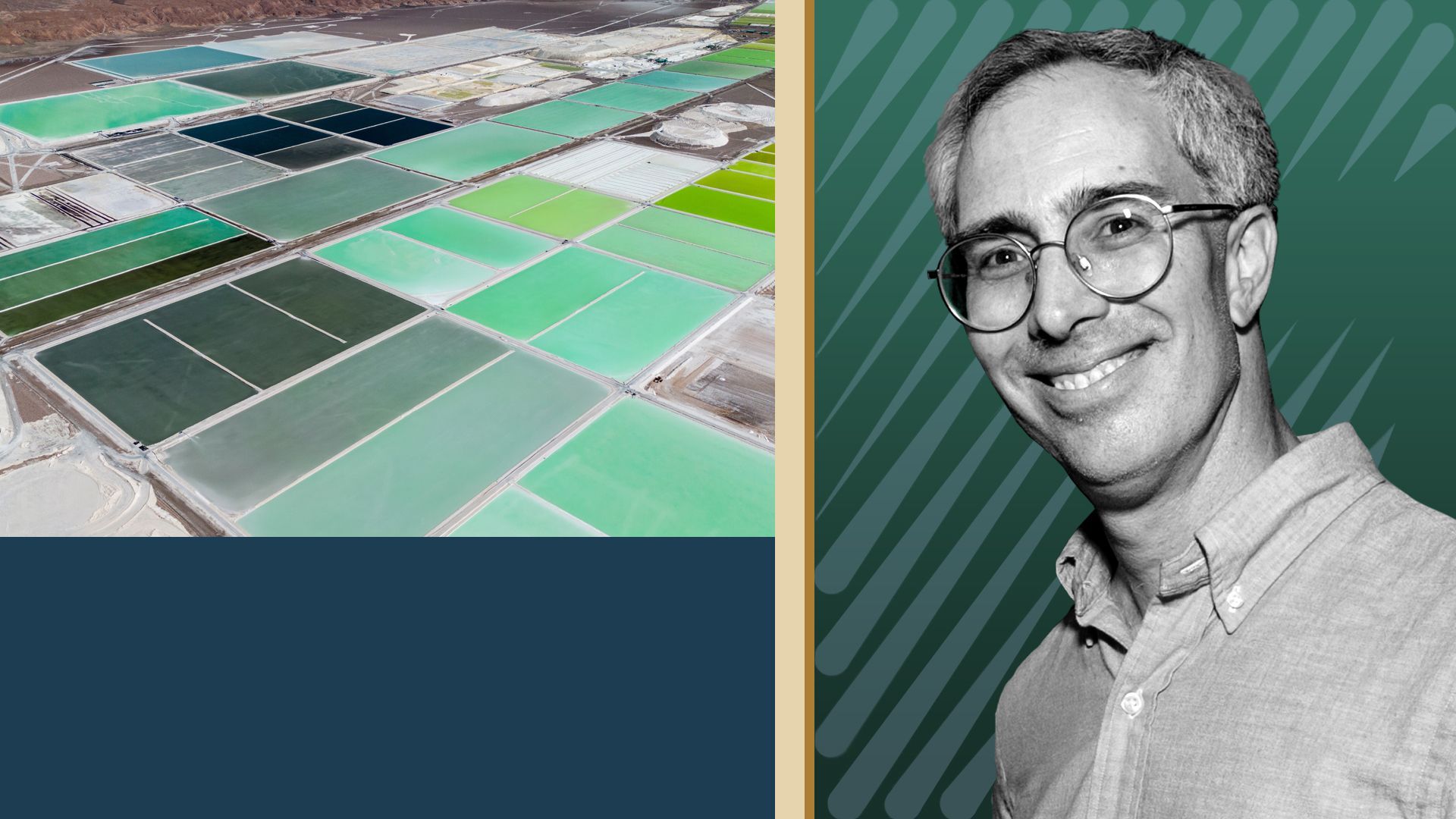 Photo illustration of Energy Transition Venture's Partner Neal Dikeman with the company's logo, a lithium field, and various rectangles 