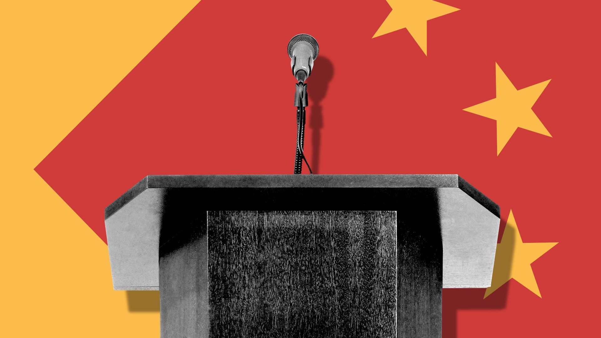 Illustration of podium with microphone in front of deconstructed Chinese flag