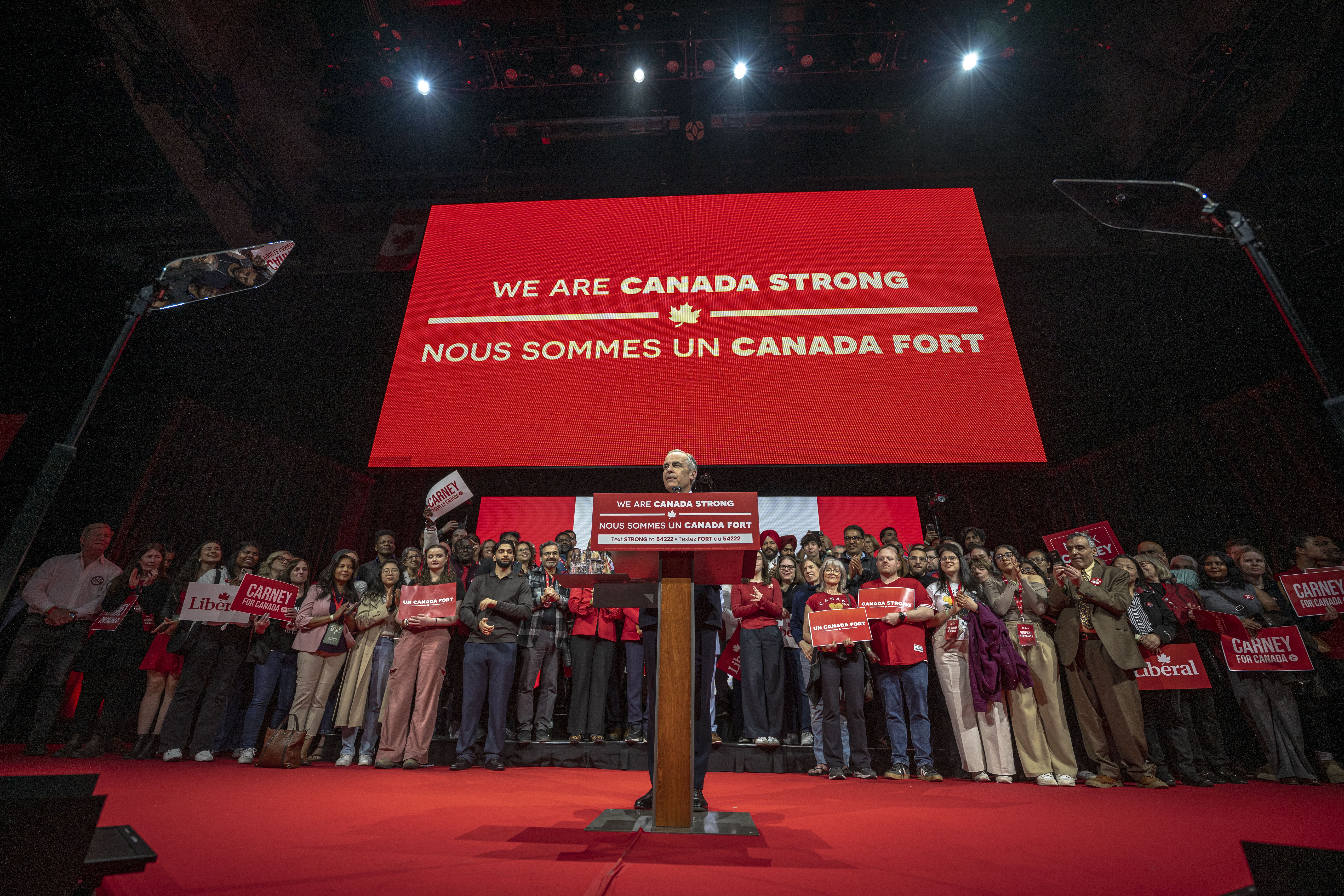 : Canadian Prime Minister and Liberal Party Leader Mark Carney speaks to his supporters after winning the Canadian Federal Election on April 29, 2025 in Ottawa, Canada. The election campaign themes have been dominated by the economy, tariffs and annexation threats from the U.S. Carney faced a challe