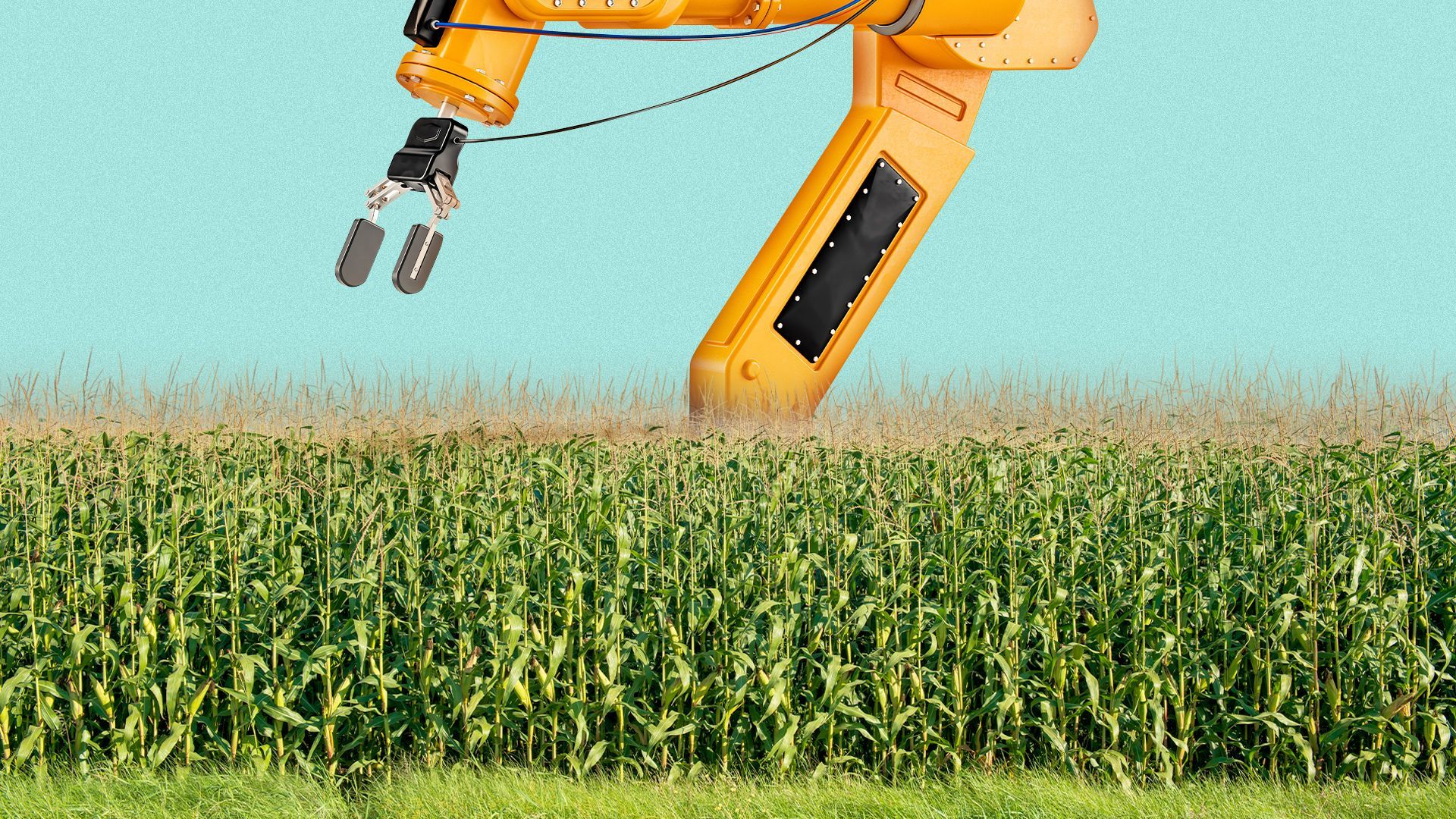 Illustration of a giant manufacturing robot embedded in a cornfield. 