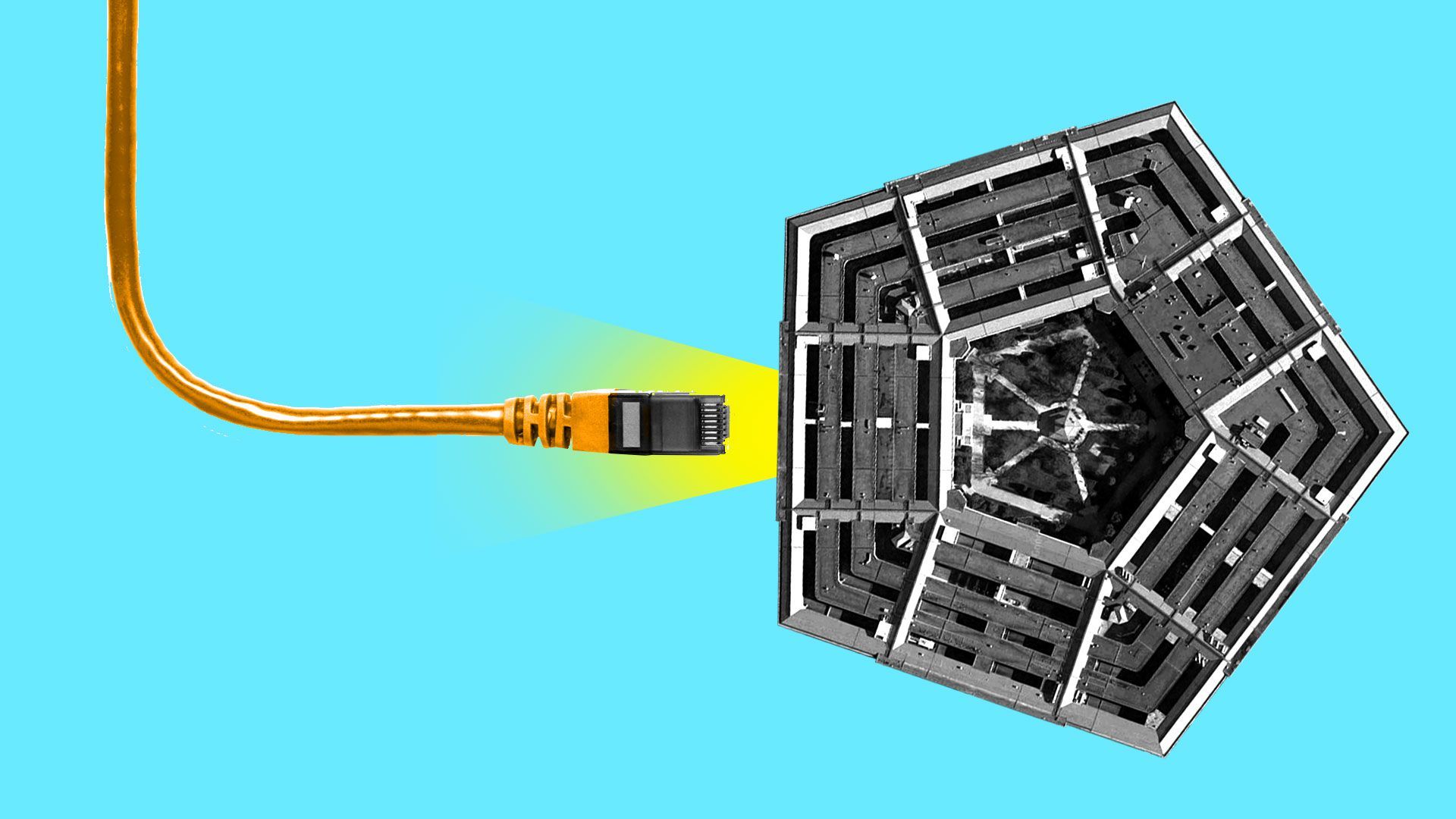 In this illustration, an electric plug enters the Pentagon