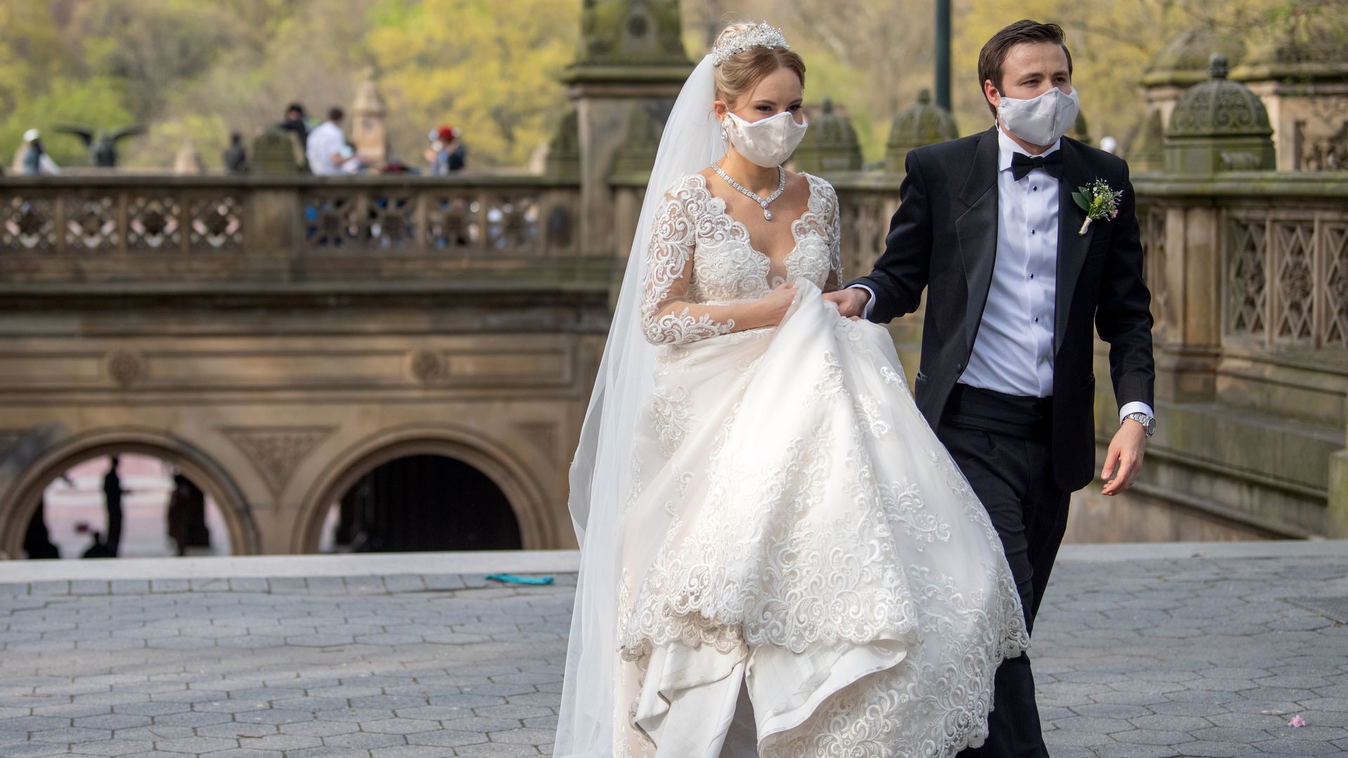 A couple taking wedding photos in Central Park on April 25.