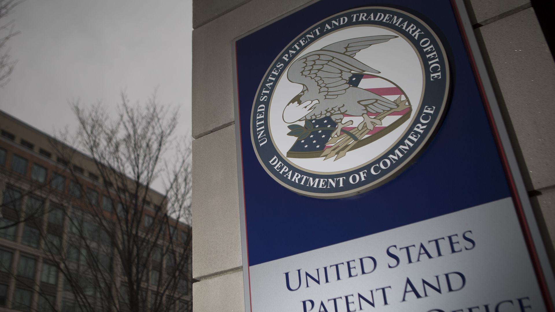 USPTO sign is pictured near its building