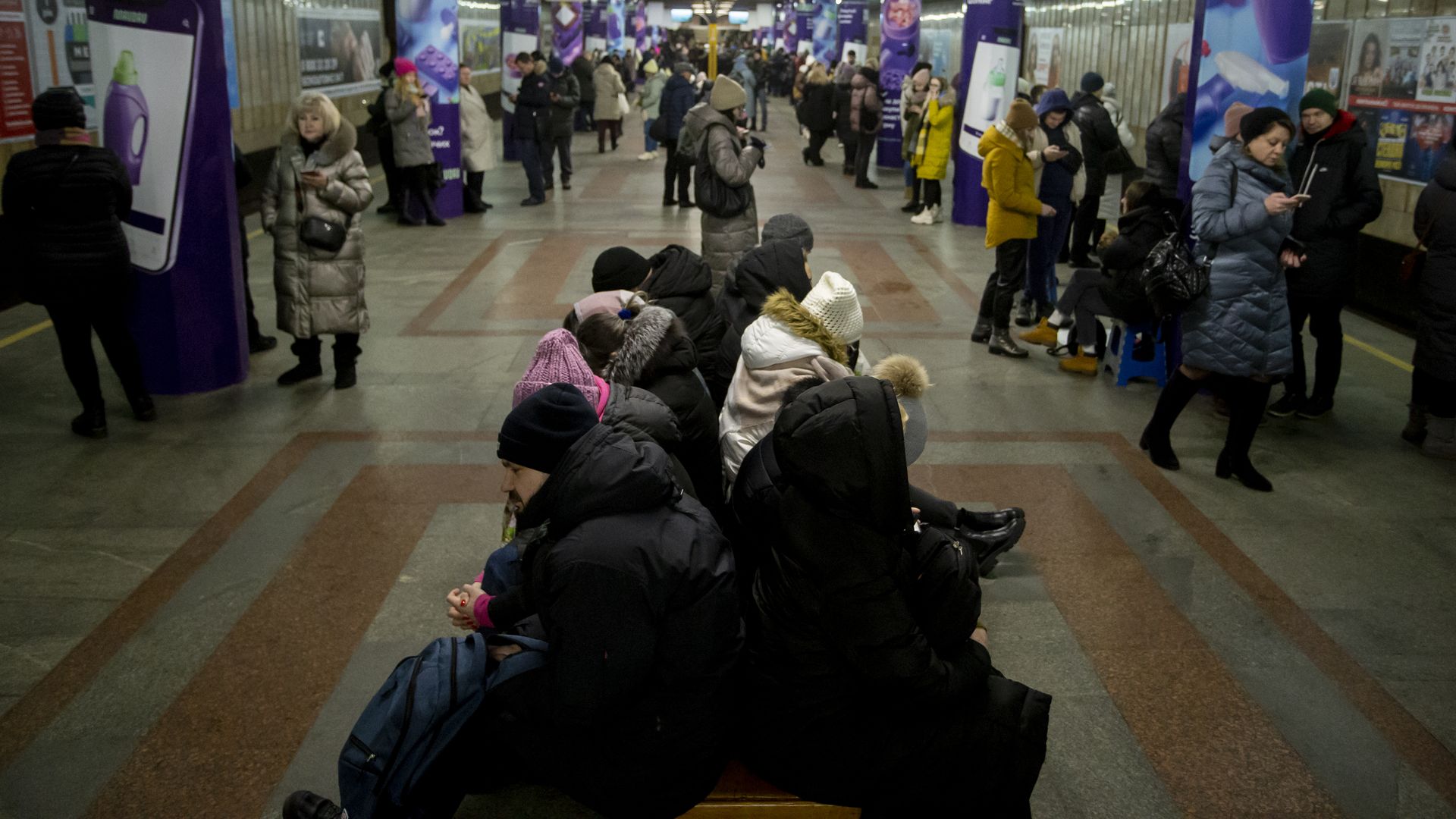 People taking shelter inside subway tunnels in Kyiv on Feb. 10.