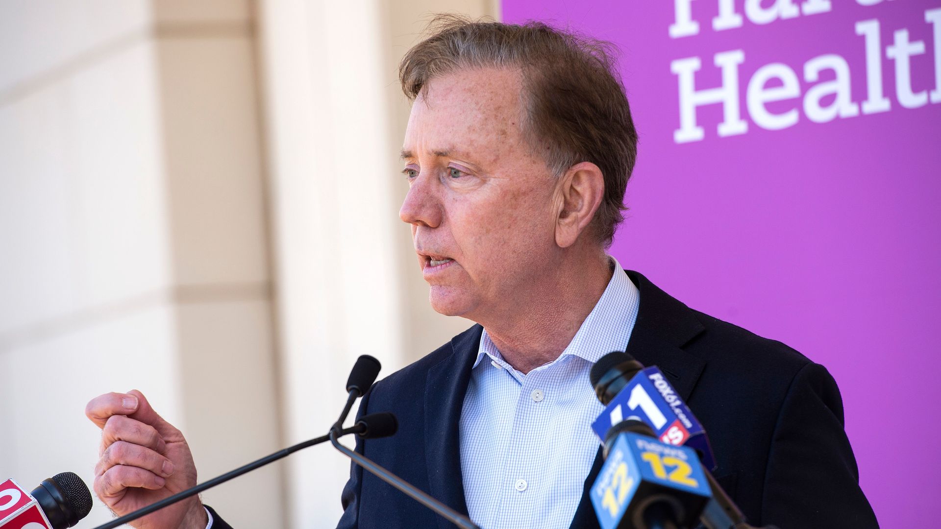 Connecticut Gov. Ned Lamont (D) speaking during a press conference in February 2021.