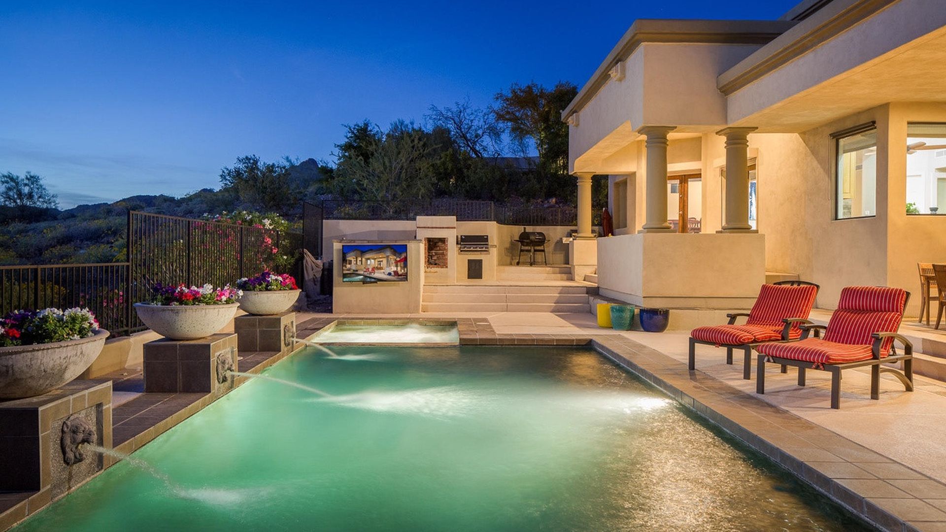 backyard pool at sunset