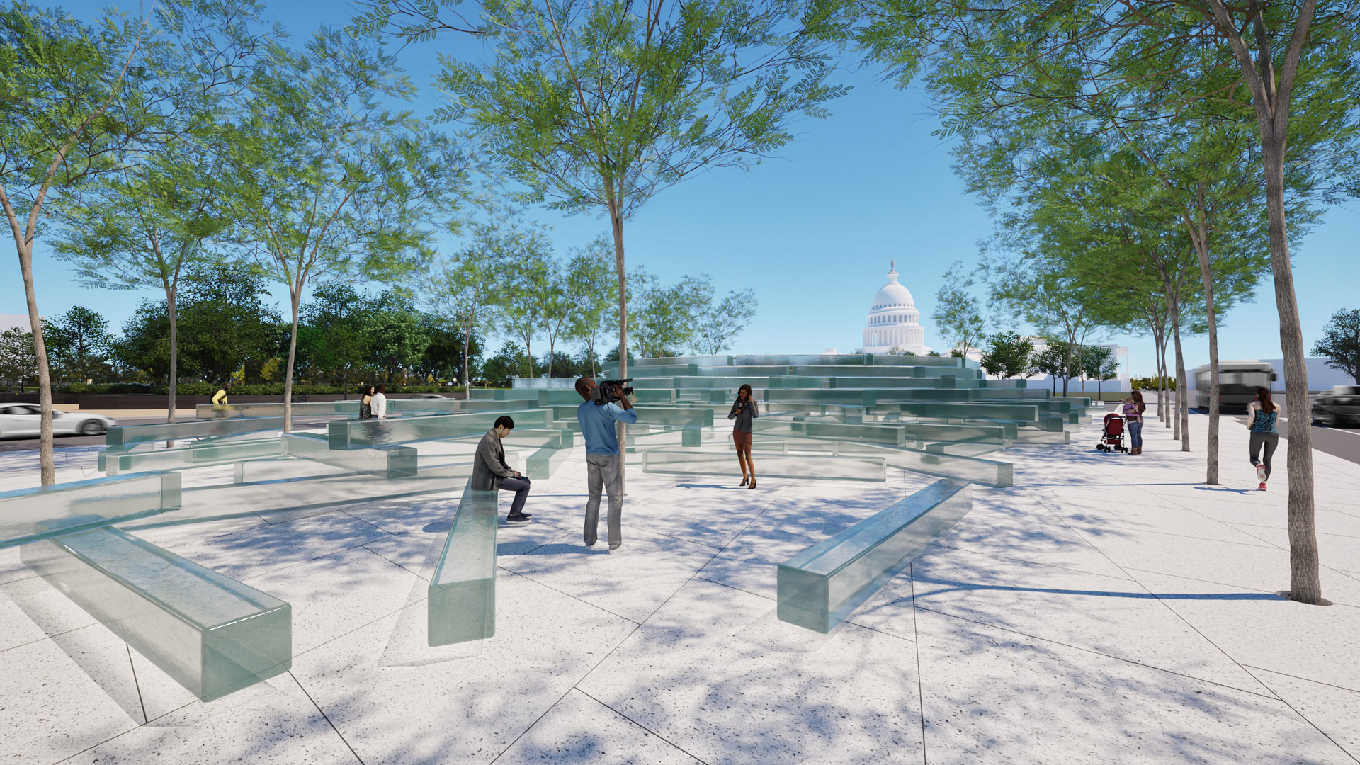 A rendering showing a courtyard with glass sculptures.