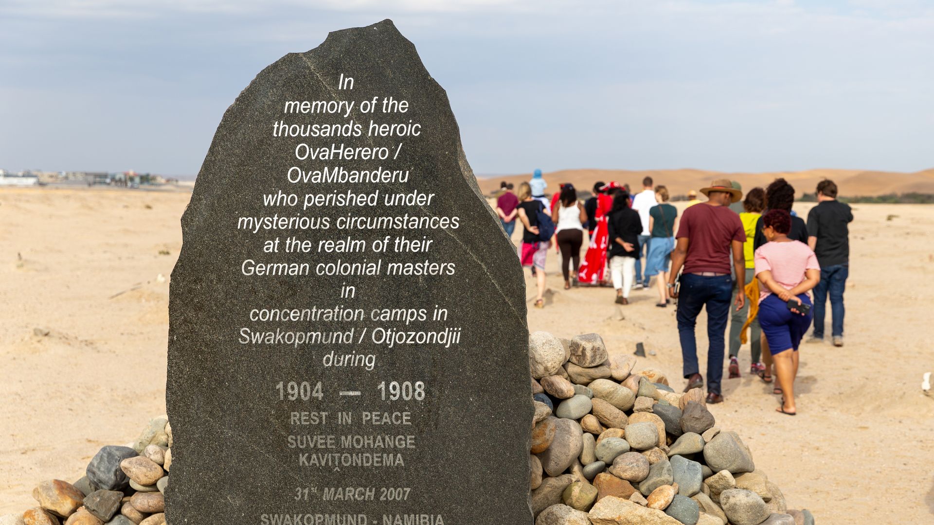 : A memorial stone in honor of the OvaHerero/OvaMbanderu and Nama people that were victims of the genocide by German colonial forces