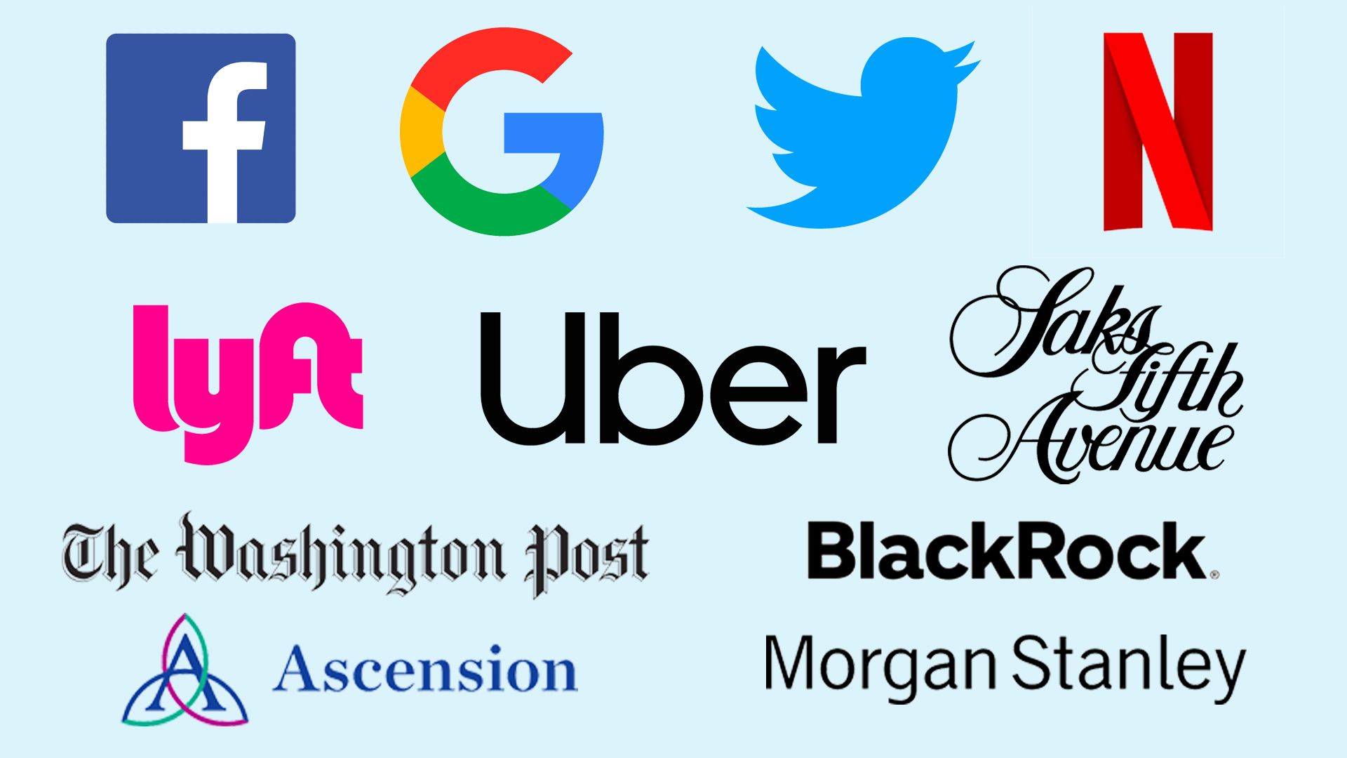 Illustration with the logos of Facebook, Google, Twitter, Netflix, Lyft, Uber, Saks Fifth Avenue, The Washington Post, blackRock, Ascension and Morgan Stanley