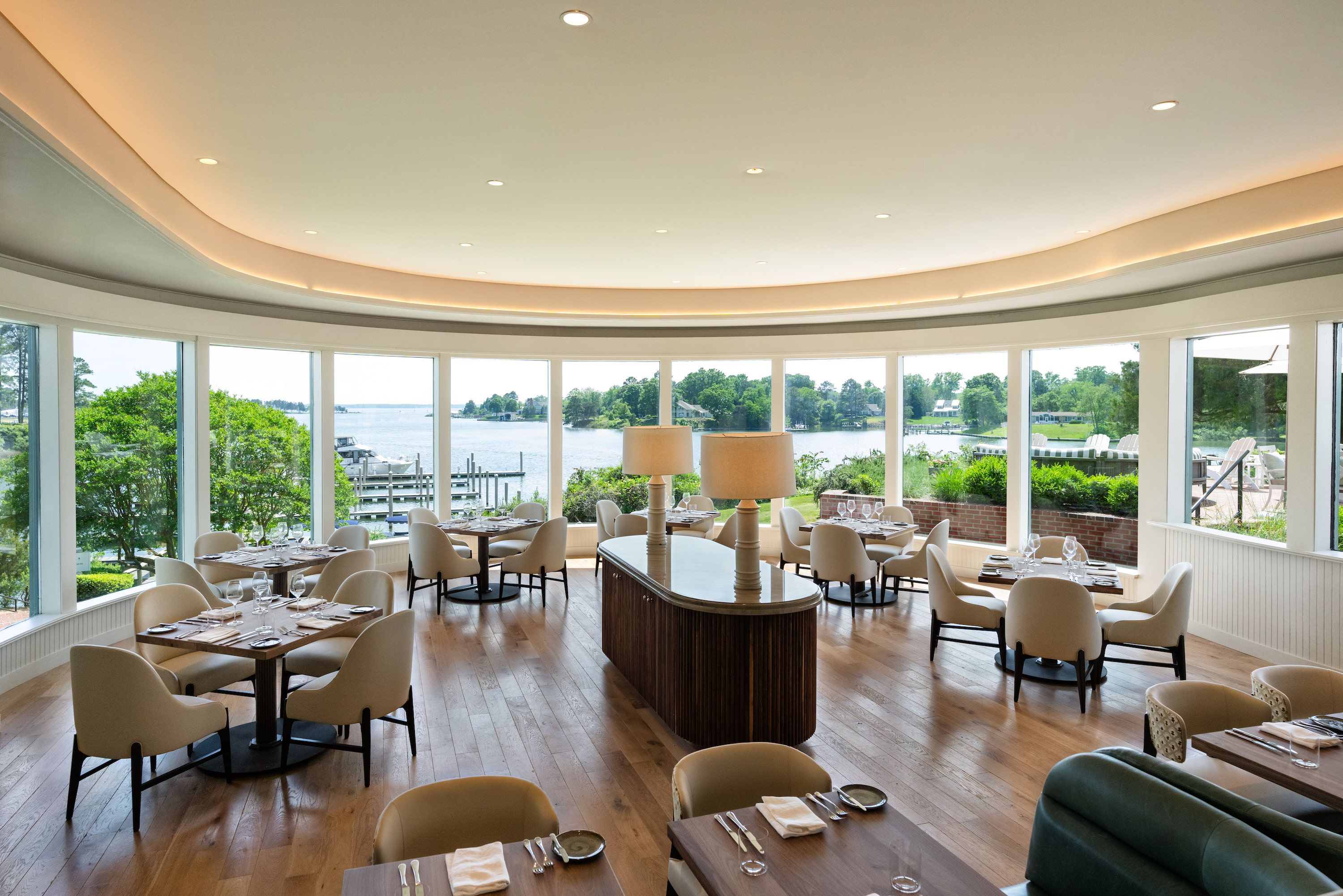 A dining room overlooking the water