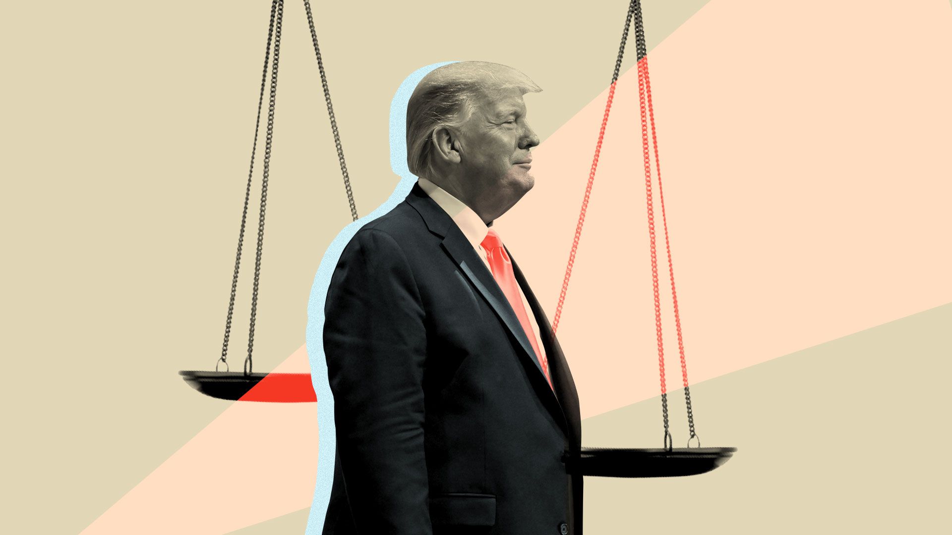 Illustration of Trump with scales of justice.