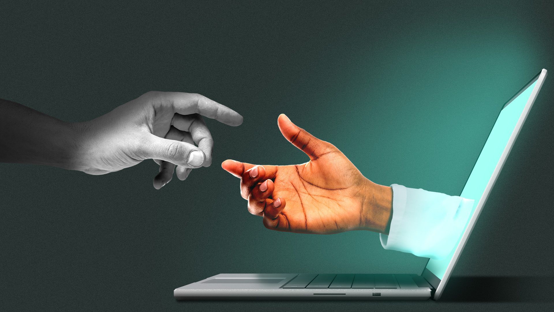 Illustration of a hand reaching out darkness towards a hand in a white lab coat reaching out of a computer
