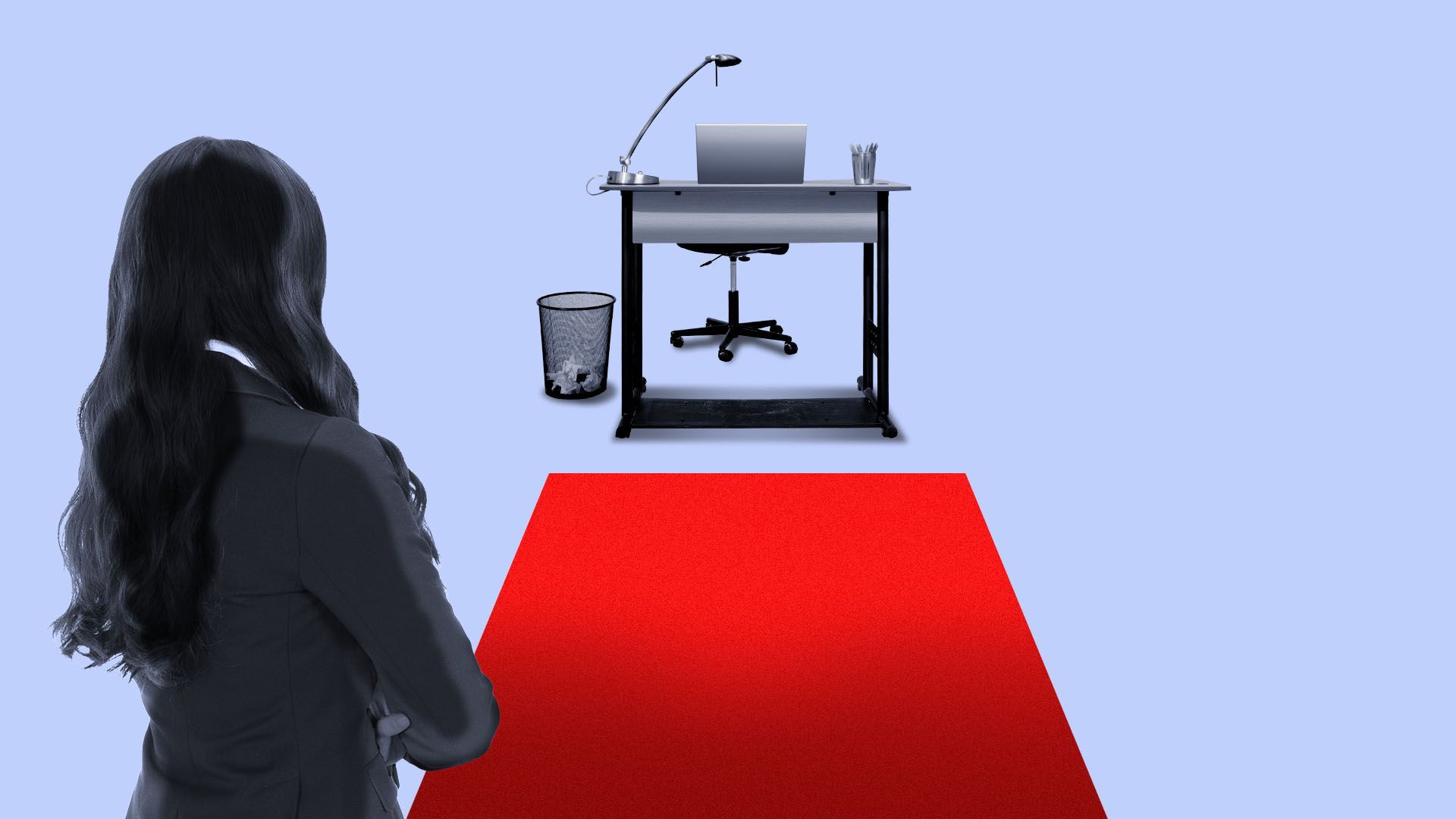 Illustration of a woman from behind looking at a red carpet leading to an empty office desk