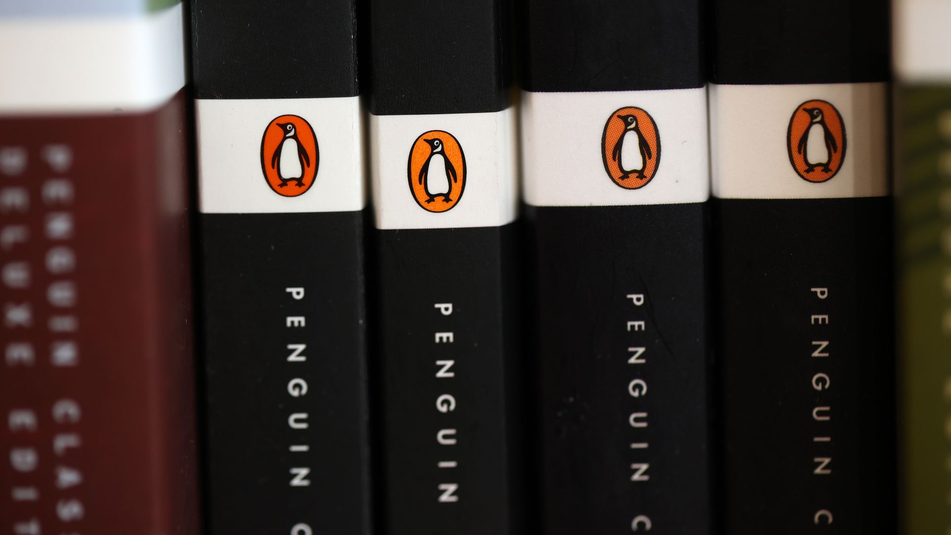 The Penguin  Random House logo on books in a bookstore in Corte Madera, California, in 2021.