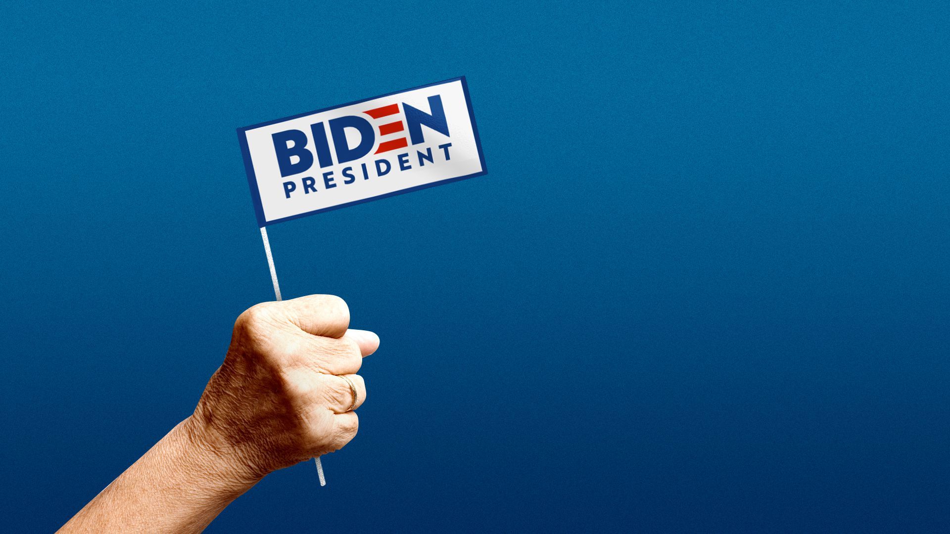 Illustration of a senior woman's hand holding a Biden flag