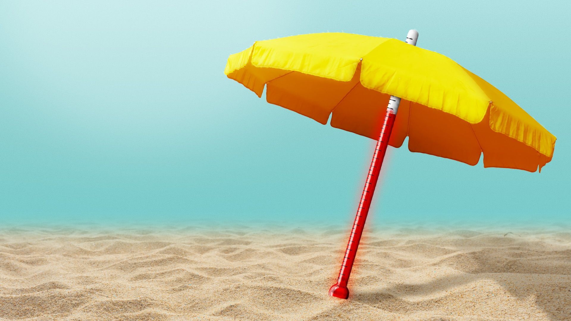 Illustration of a beach umbrella with a thermometer for the base on a hot beach
