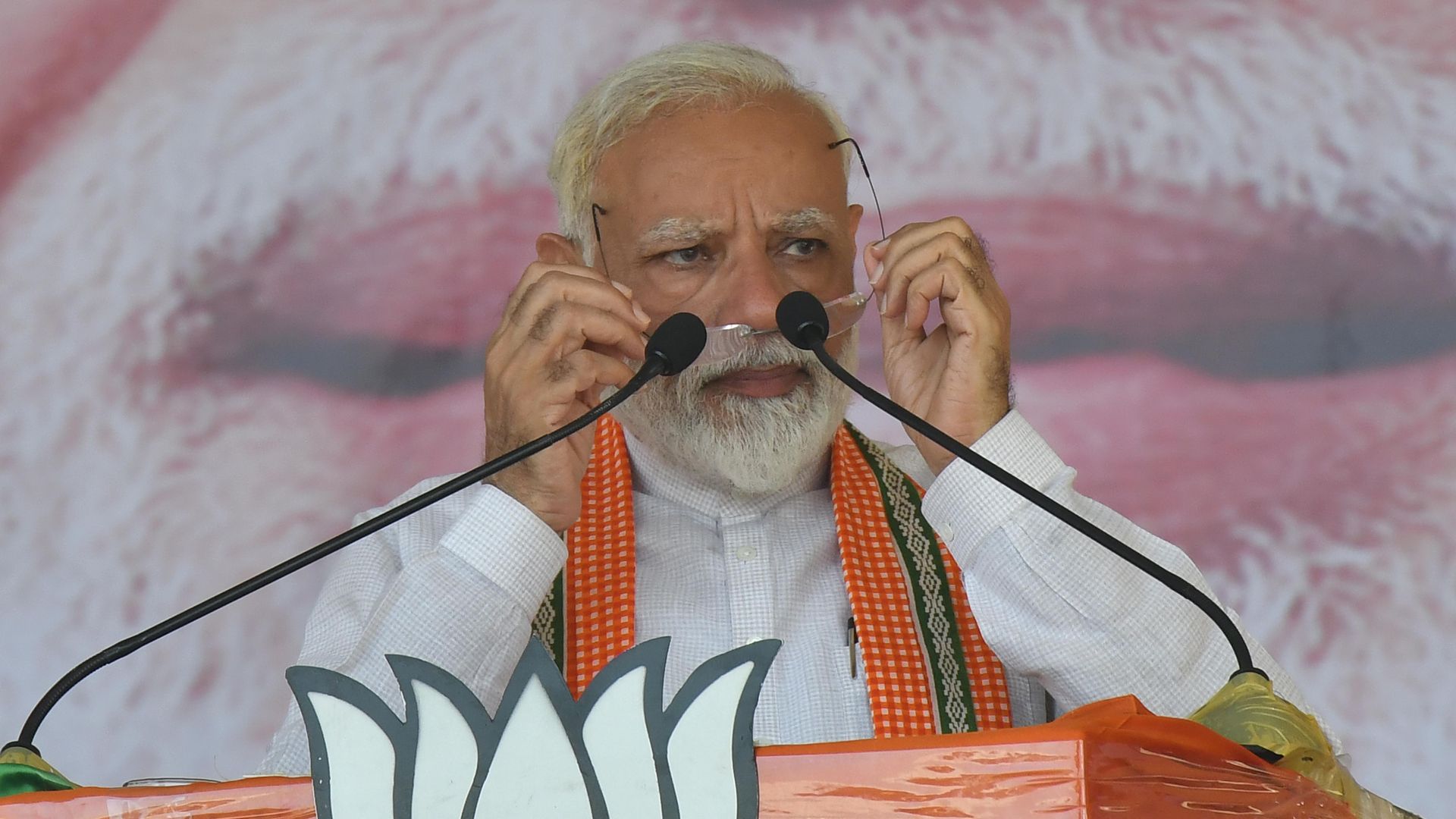 Prime Minister Narendra Modi gestures while addressing his supporters during an election campaign rally ahead of the national elections in CHANDITALA, HOOGHLY, WEST BENGAL on April 29