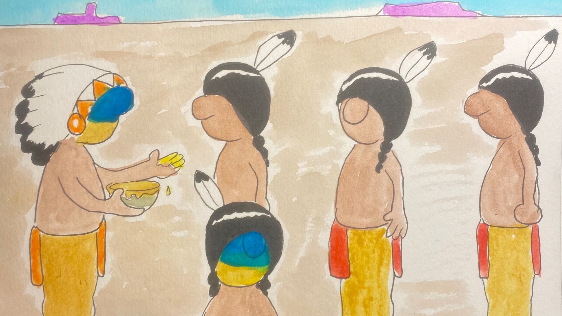 A cartoon by Ricardo Caté shows a Native American chief putting face paint with the Ukrainian colors on tribal members.