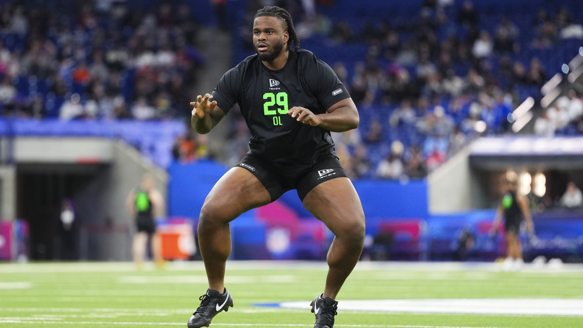 Max Iheanachor #OL29 of Arizona State participates in a drillduring the 2026 NFL Scouting Combine at Lucas Oil Stadium on March 1, 2026 in Indianapolis, Indiana. (Photo by Cooper Neill/Getty Images)
