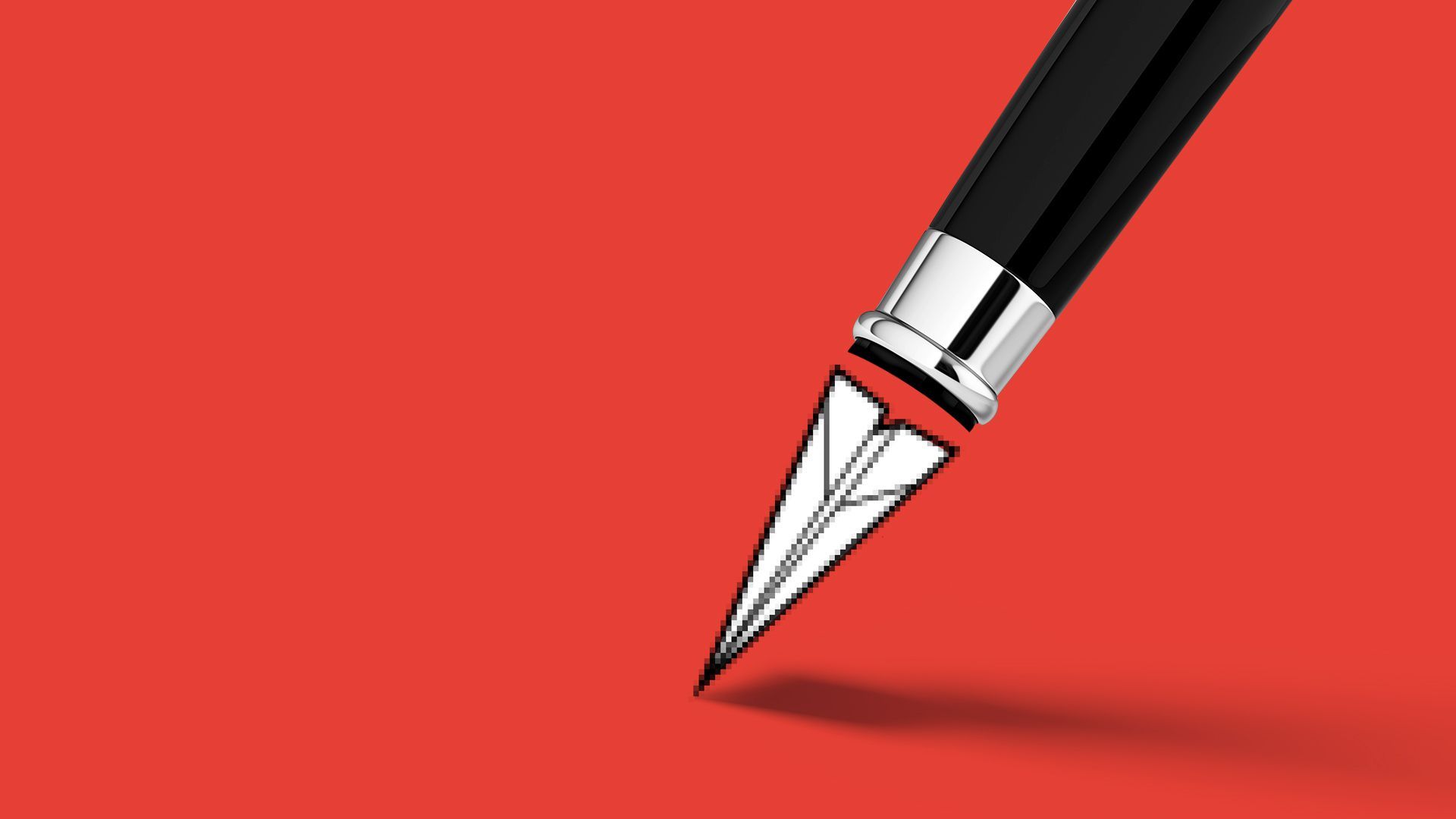 Illustration of a fountain pen with a pixelated paper airplane as the nib. 