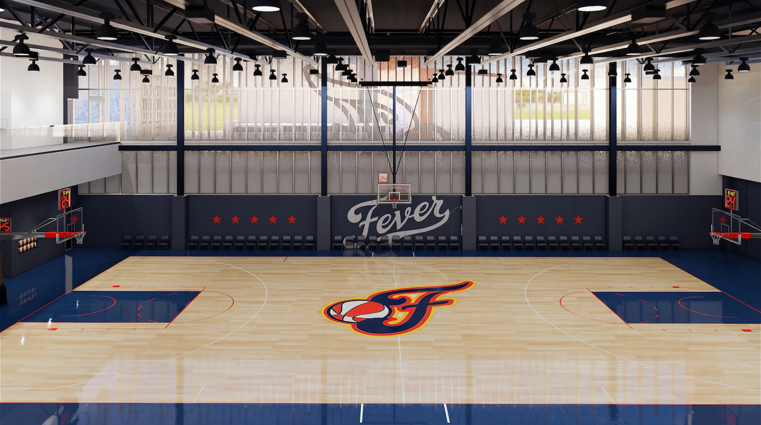 Indoor basketball court with a wooden floor, center logo F around a basketball. Back wall reads Fever with red stars, two baskets, blue sidelines, and seating under bright lights.