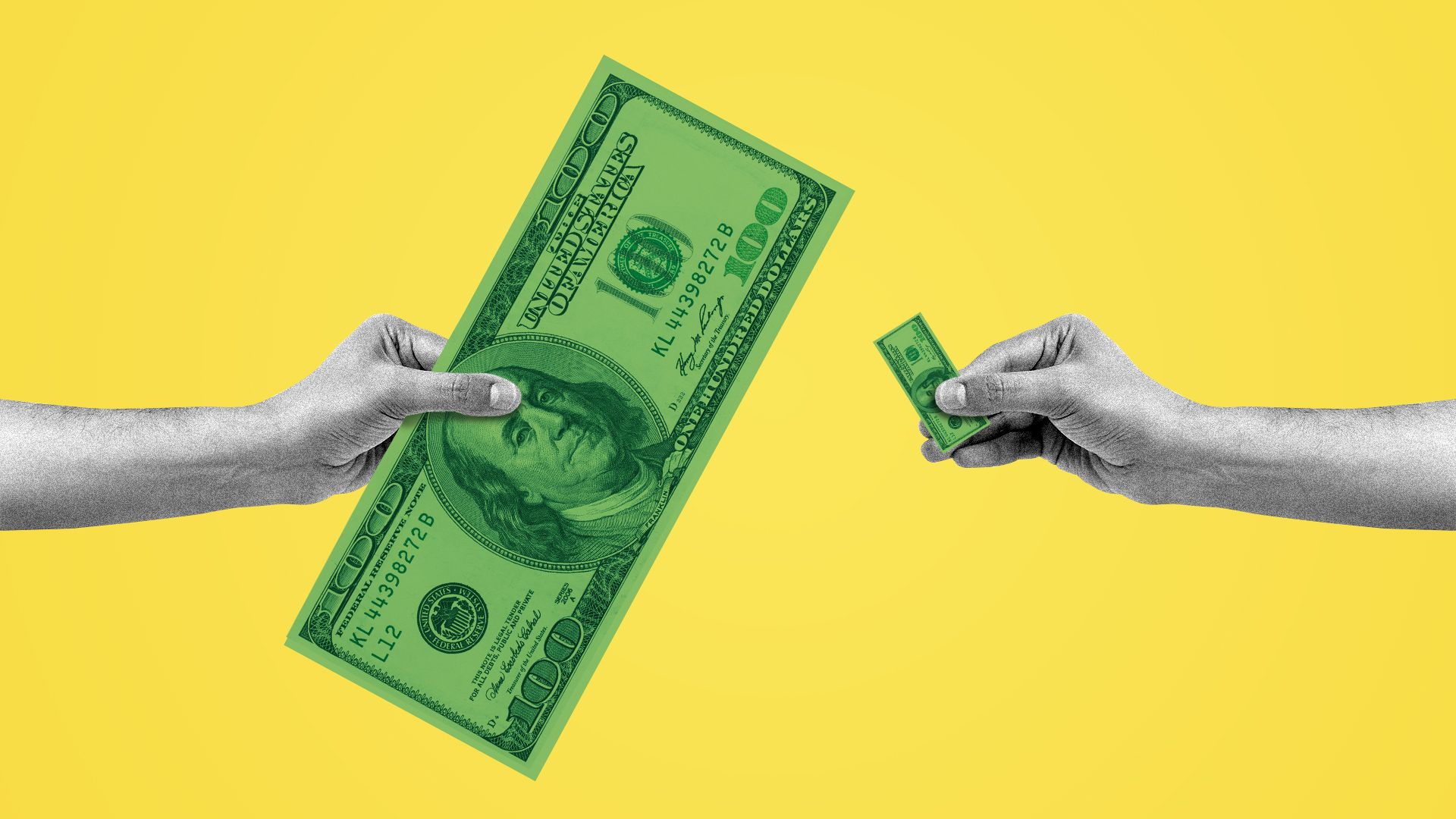 Illustration of two hands, one holding a tiny small hundred dollar bill and one holding a giant hundred dollar bill.