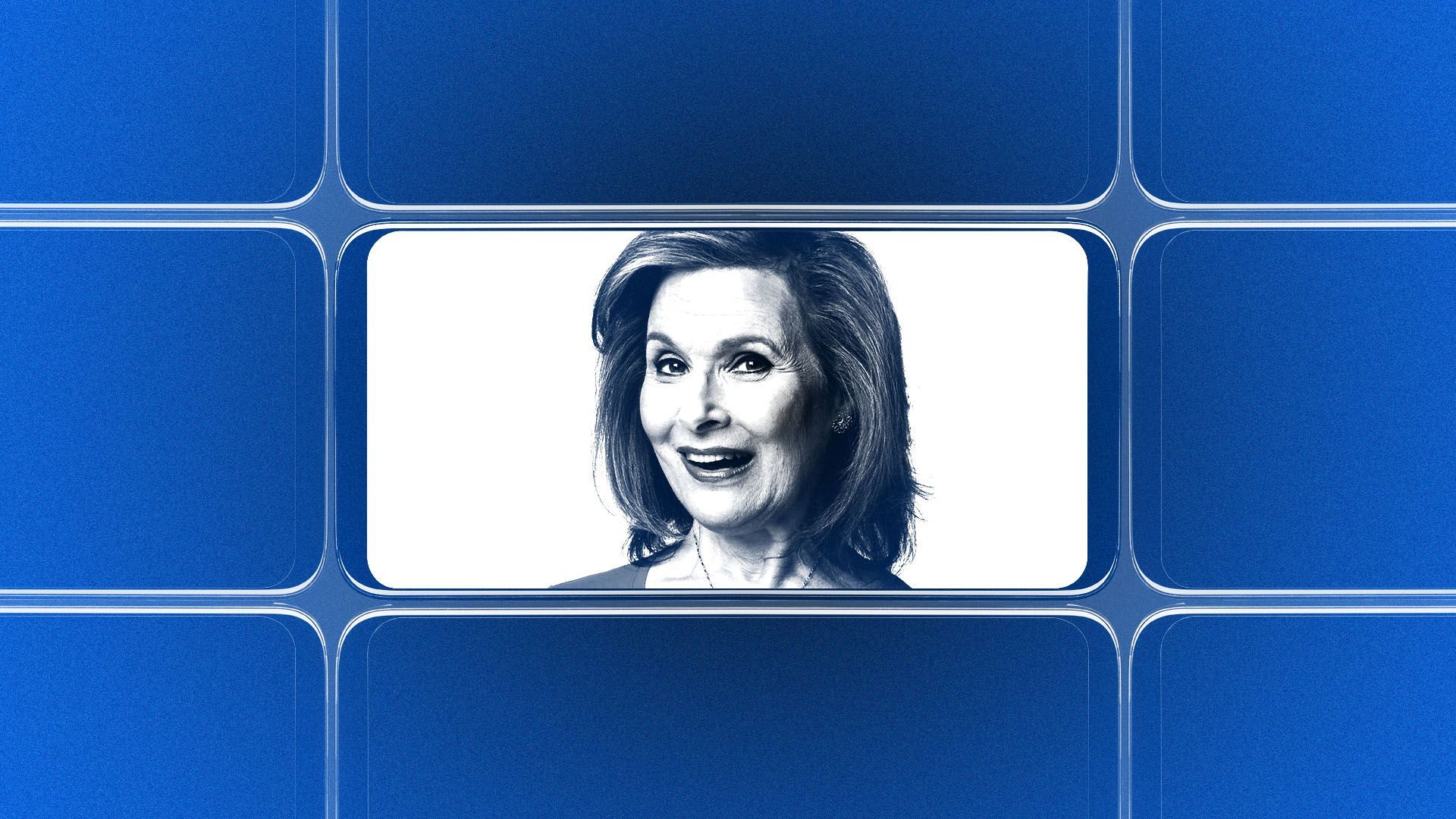 Photo illustration Lois Reitzes set against a background of cell phone patterns