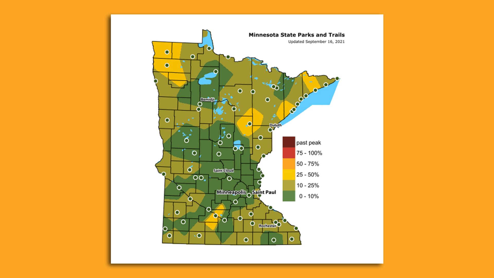 A map showing green and yellow fall colors. The middle part of the state has almost no foliage while the northern parts have 20-30 percent
