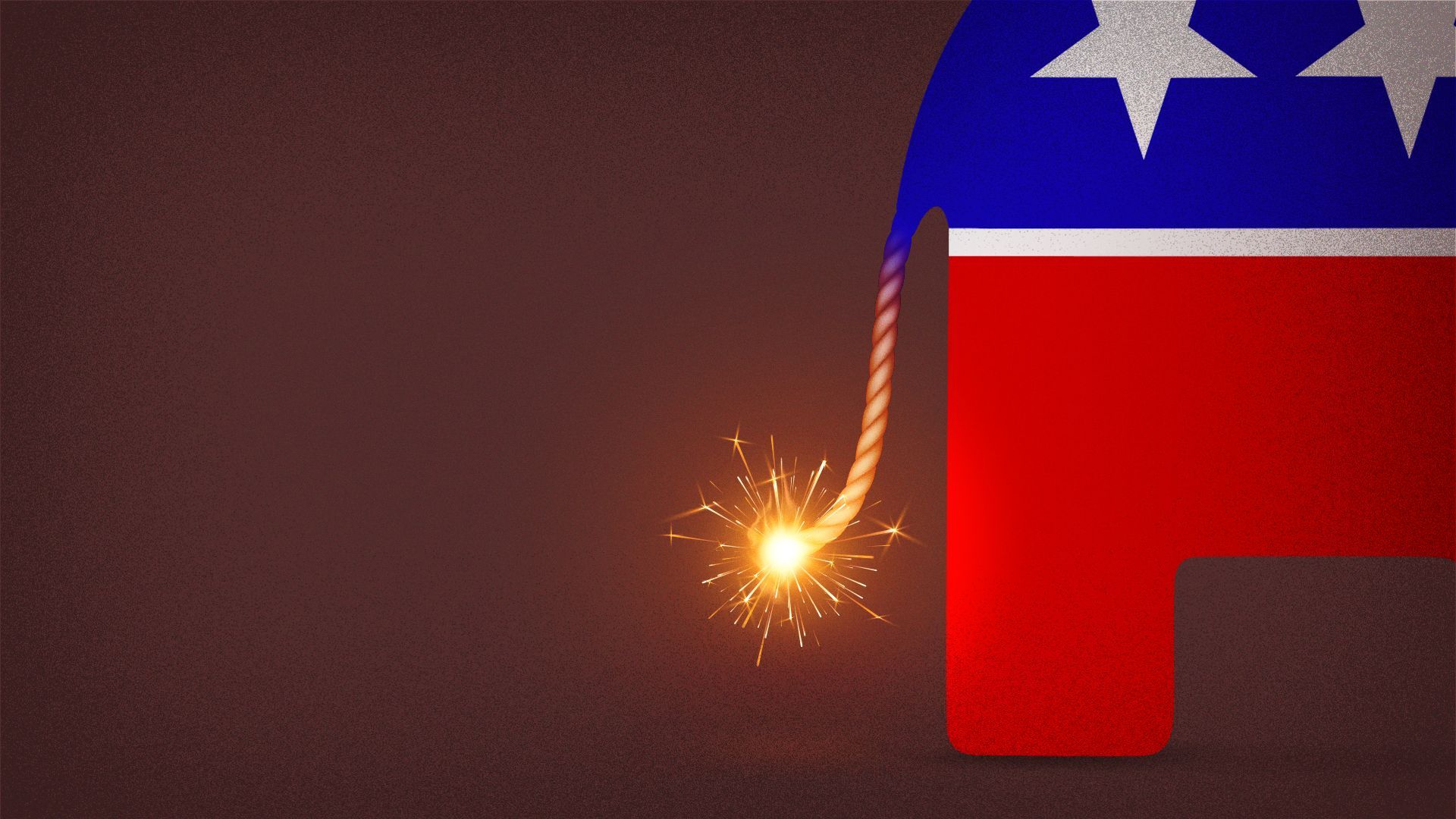 Illustration of the republican elephant logo with its tail made out of a lit fuse, like a bomb. 