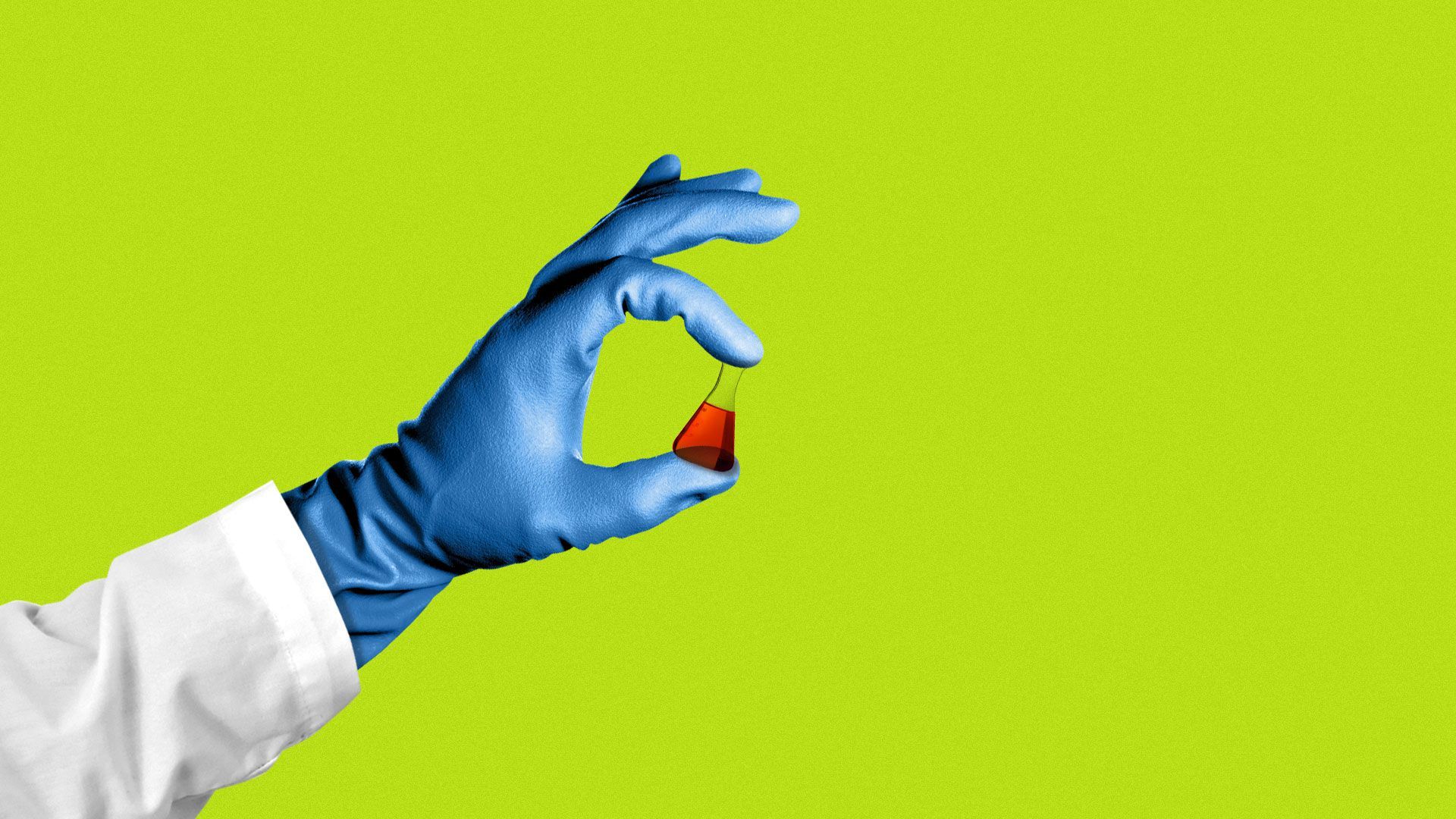 Illustration of gloved hand holding tiny beaker