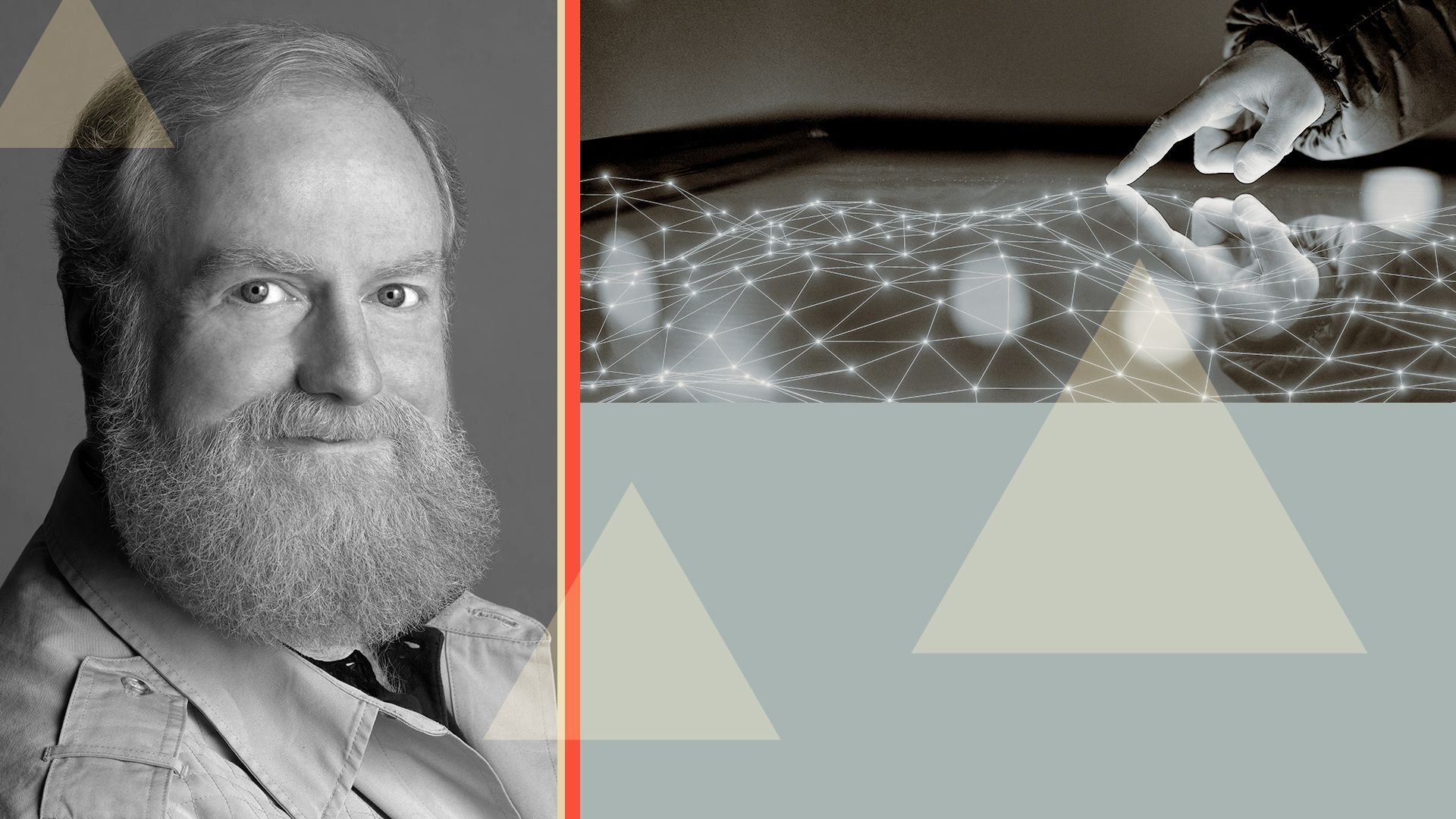 Photo illustration of Bran Ferren next to an interactive display and geometric shapes.