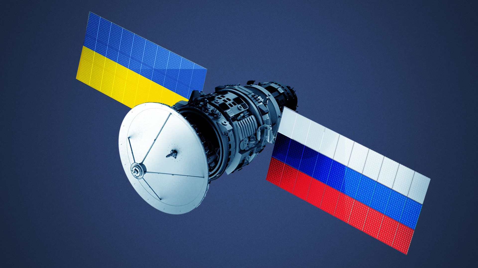 Illustration of a satellite made of the flags of Russia and Ukraine.