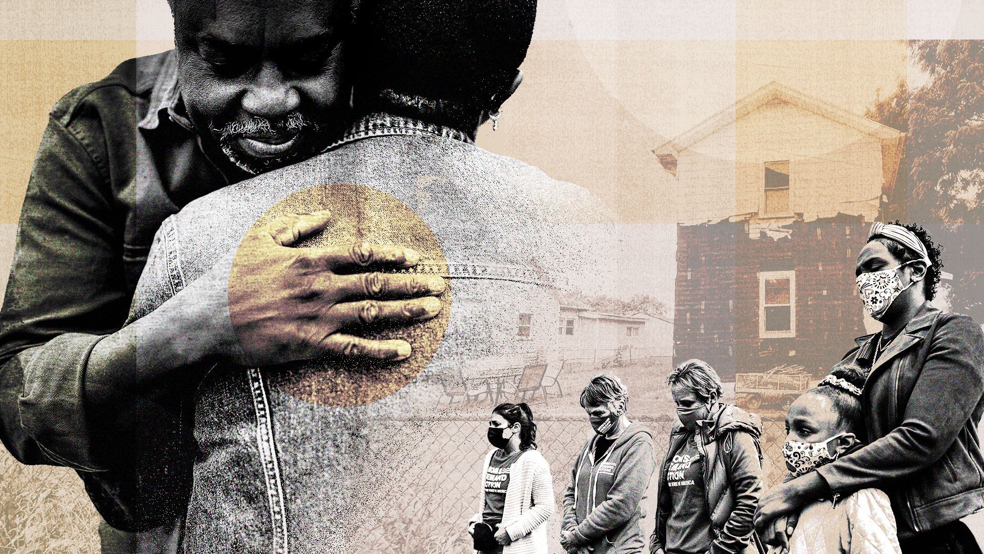 Photo illustration of a father hugging his daughter, a group of mourners, and a house, with abstract elements.