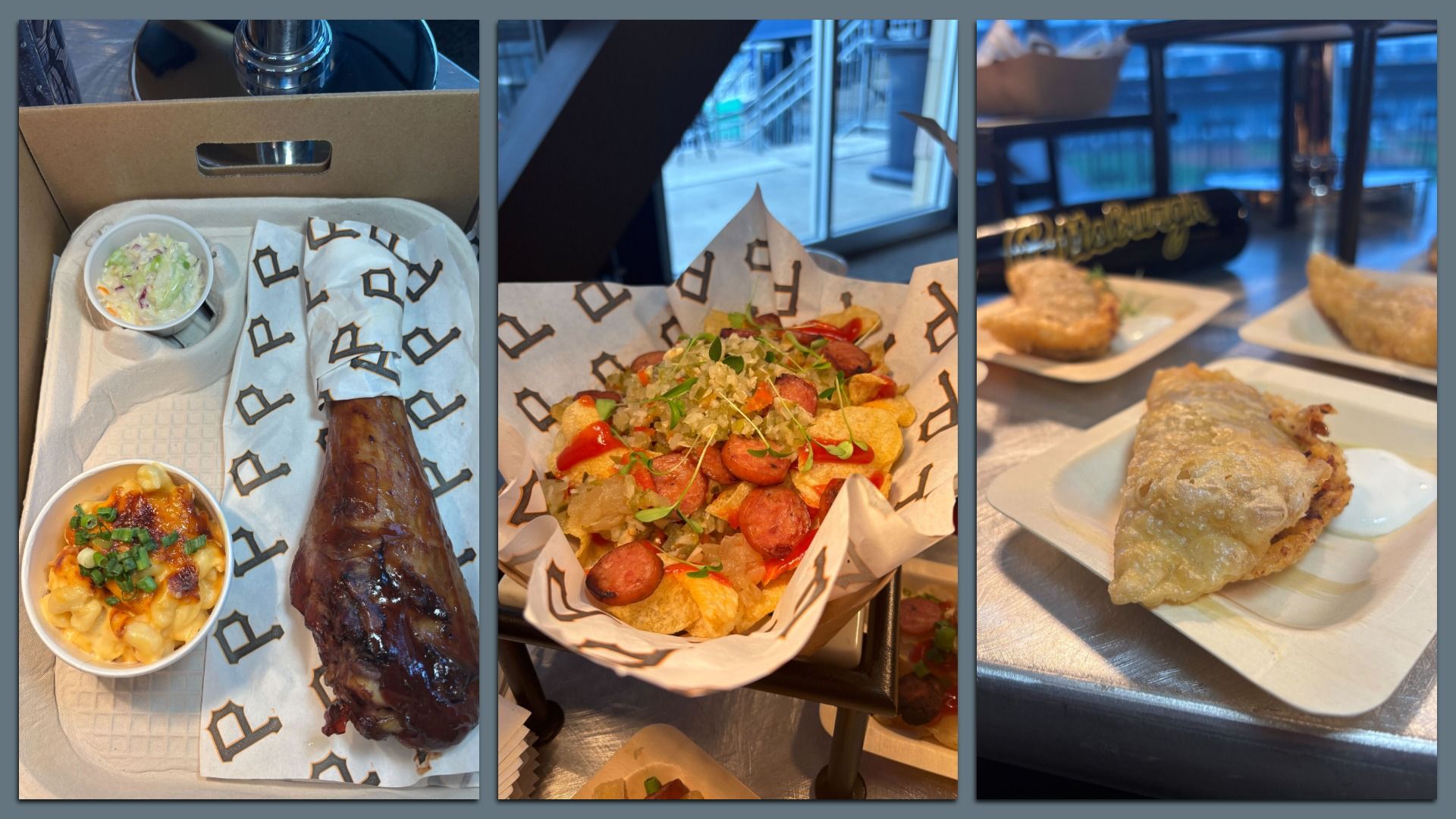 Triptych of meals: left—takeout box with a bone-in roast, coleslaw, mac and cheese; center—nachos with sausage; right—fried pastries on plates with dip.