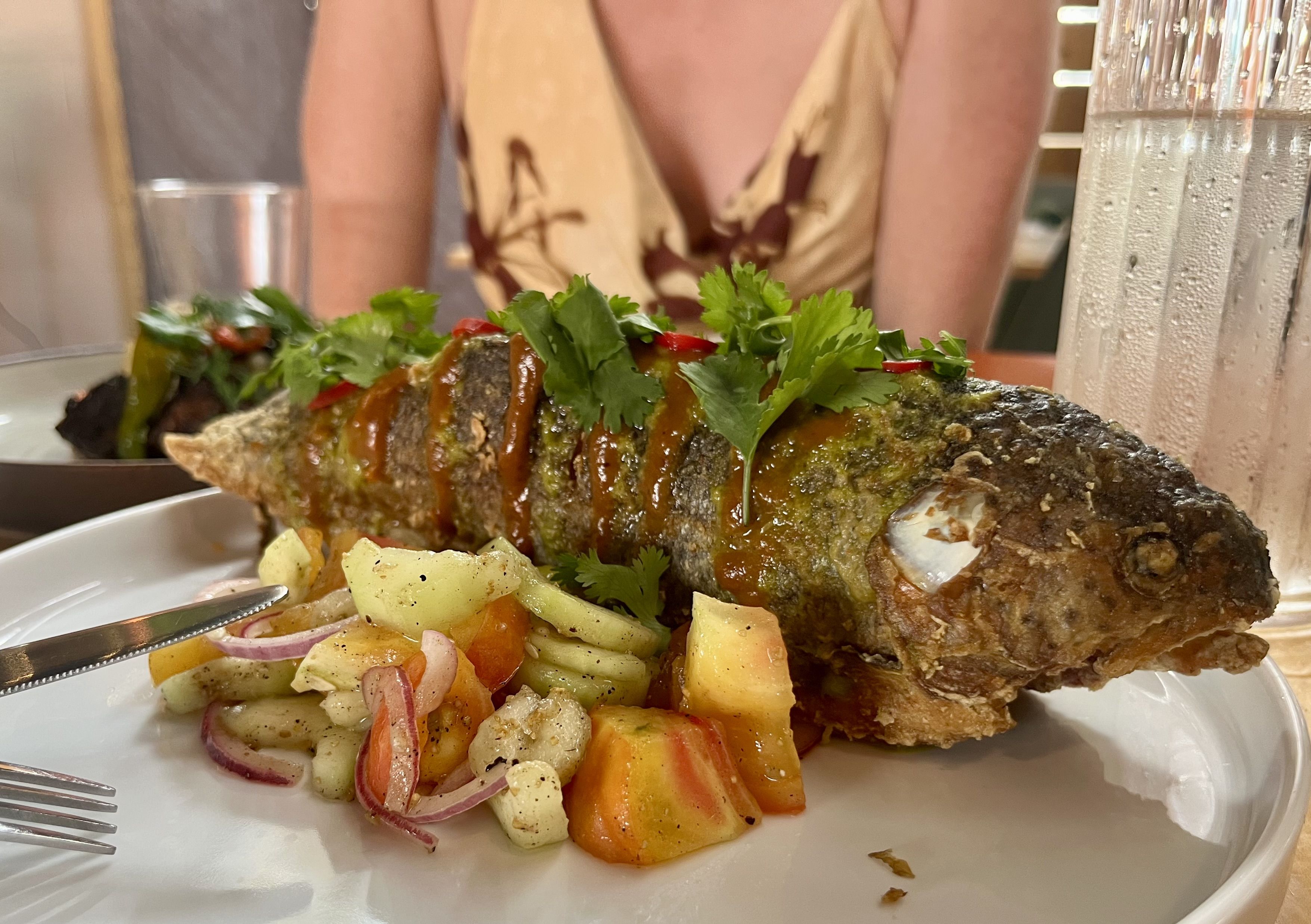 A plated whole fried fish topped with cilantro and drizzled sauce, with potato salad and onions on the side; a blurred person in beige sits in the background and a water pitcher on the right.