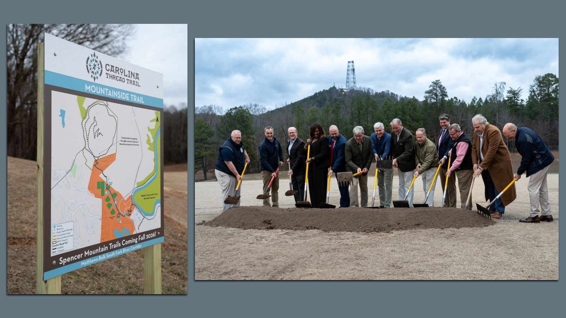 Left image: map of Carolina Thread Trail Mountainside Trail showing Spencer Mountain Trails opening Fall 2026. Right image: group of people in outdoor groundbreaking ceremony with shovels near a dirt mound.